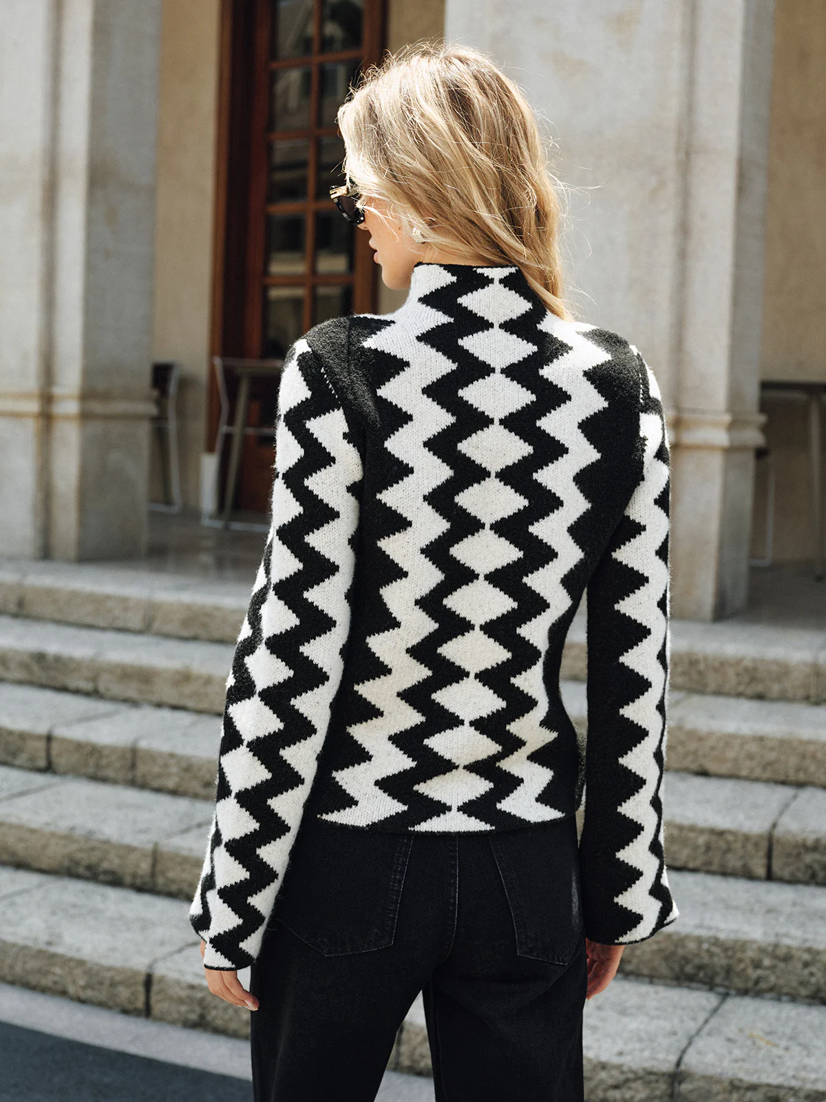Chevron Pattern Mock Neck Knit Sweater - Image 6