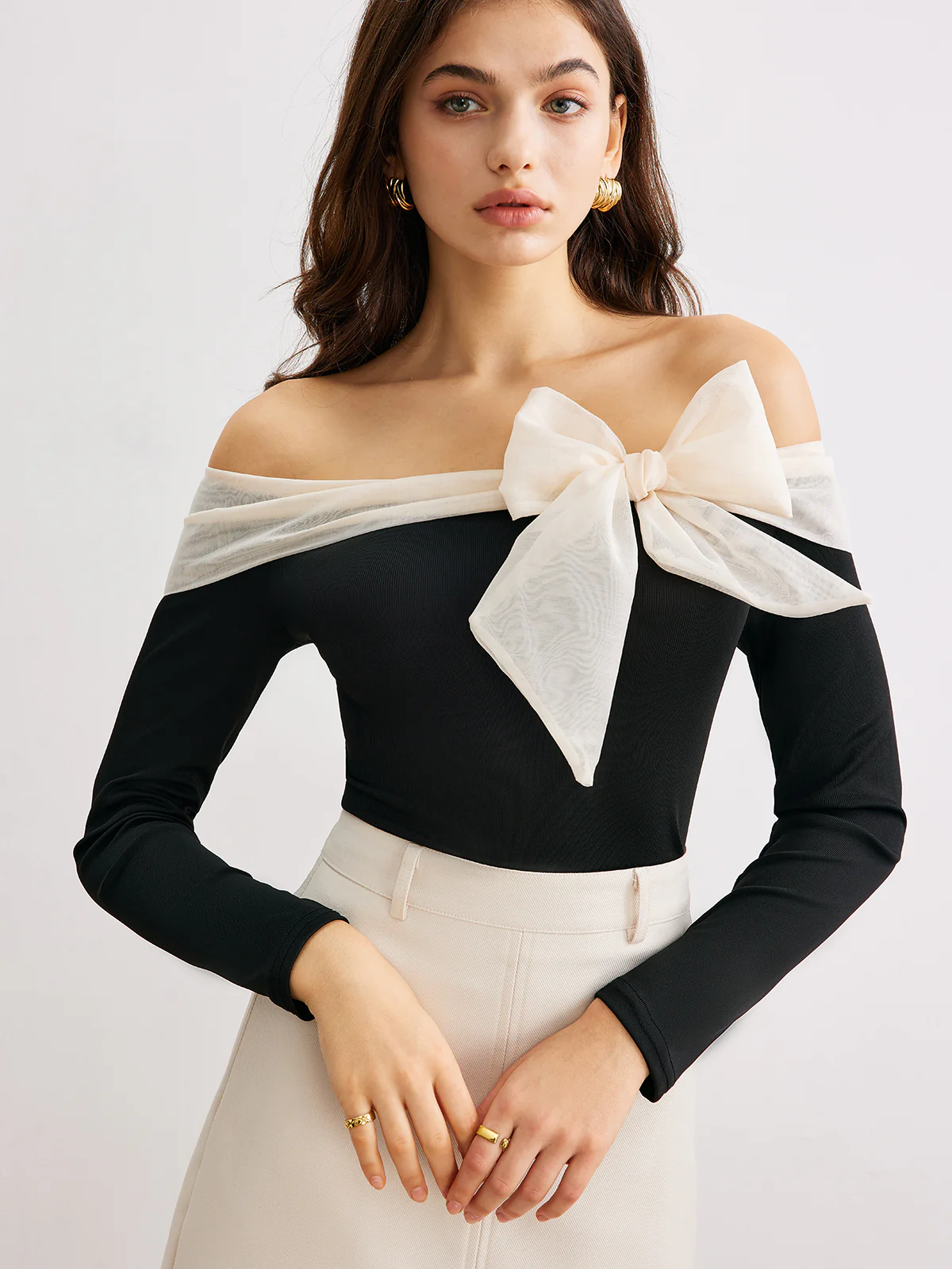 Chiffon-Bow Off-Shoulder Slim Blouse - Image 6