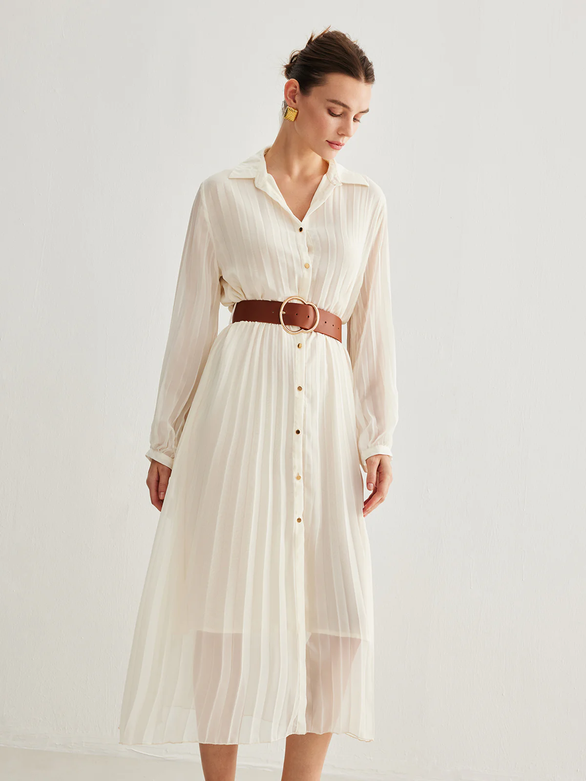 Semi-Sheer Chiffon Button Pleated Dress With Belt - Image 4
