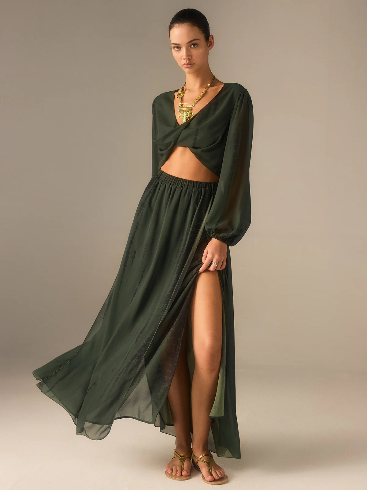 Chiffon Crop Top and Slit Maxi Skirt Set - Image 2