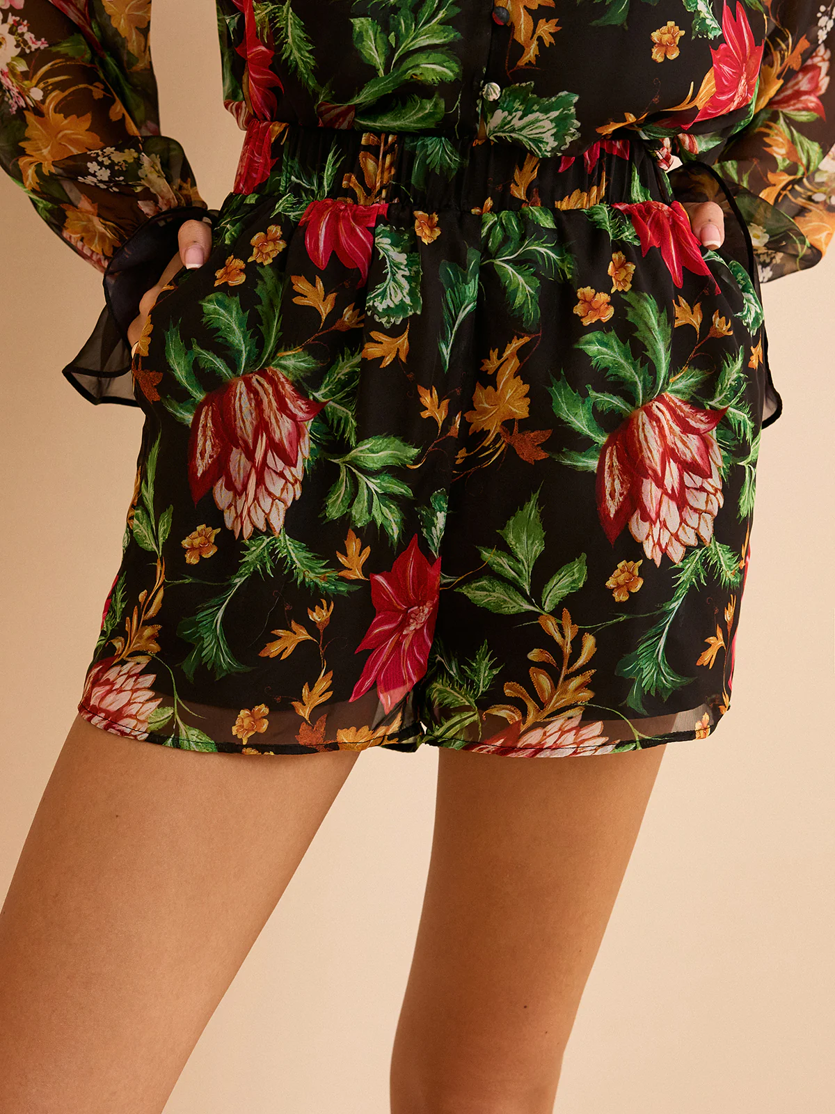 Chiffon Floral Print Elastic Waist Shorts - Image 4