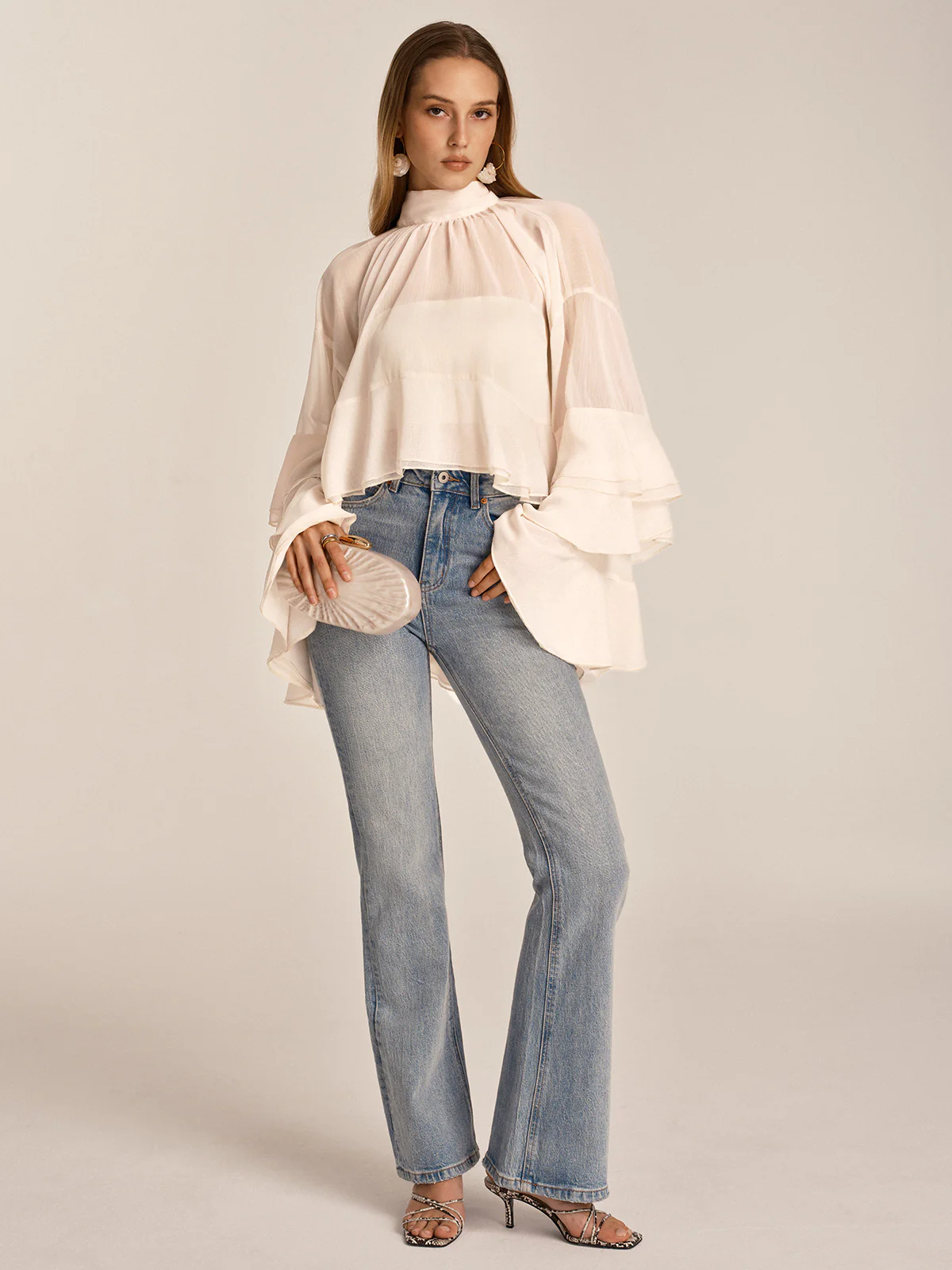 Chiffon High Neck Ruffle Bell Sleeve Blouse - Image 2