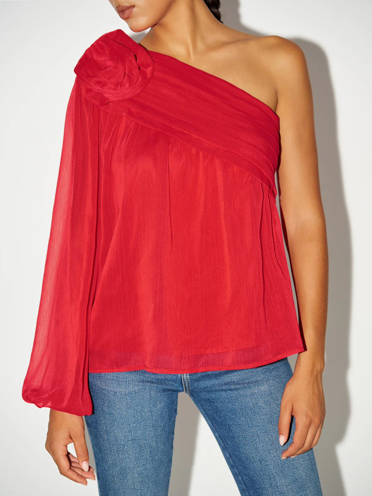 Chiffon One-Shoulder Rosette Shirt - Image 6