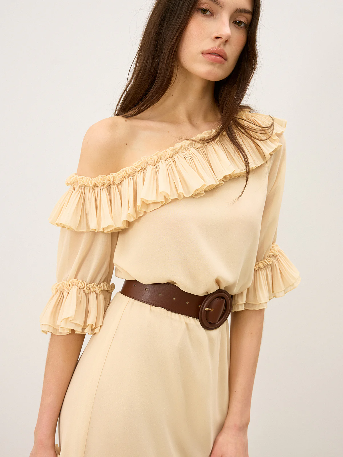 Semi-Sheer Chiffon One-Shoulder Ruffled Mini Dress - Image 4