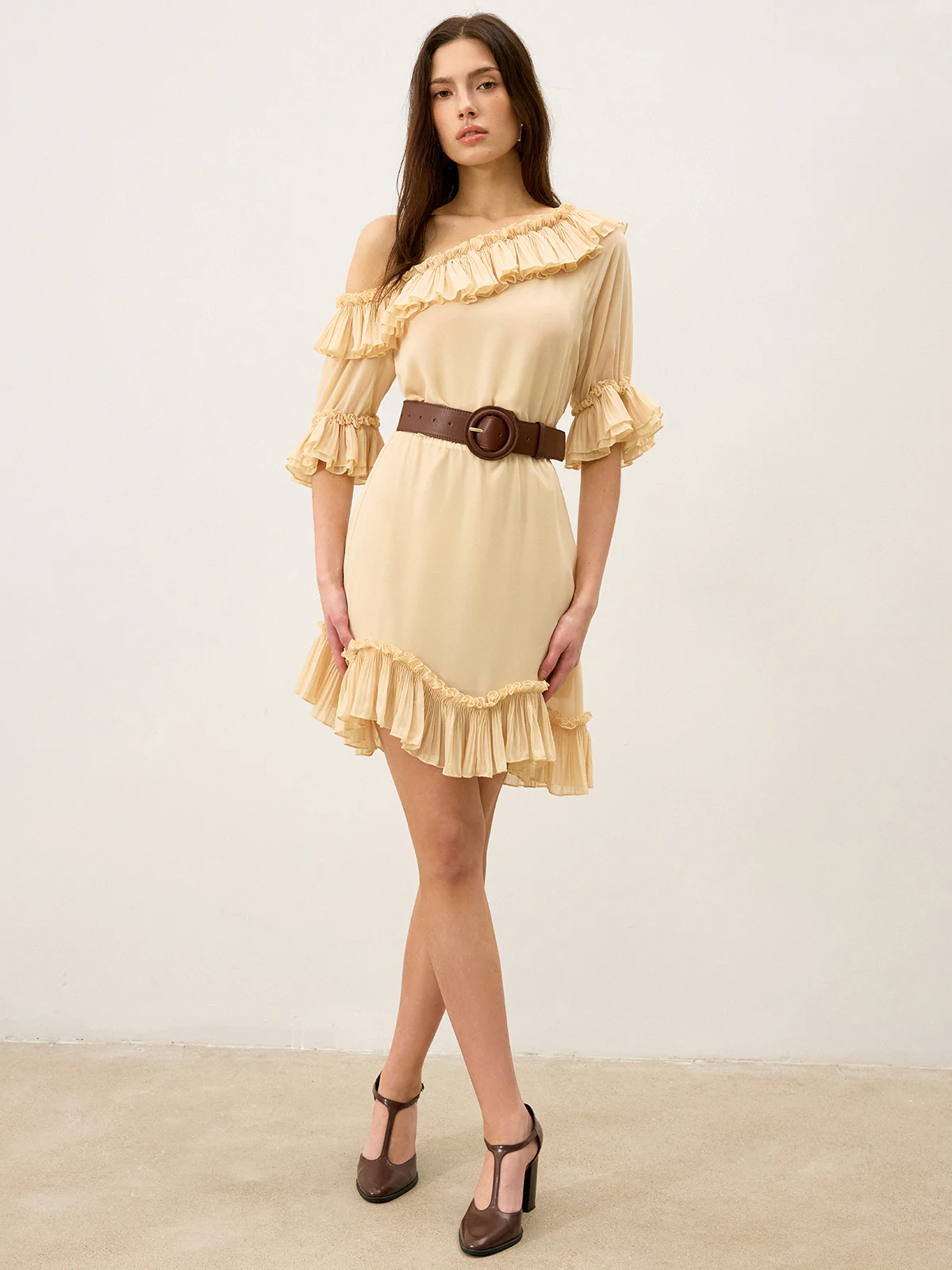 Semi-Sheer Chiffon One-Shoulder Ruffled Mini Dress - Image 5