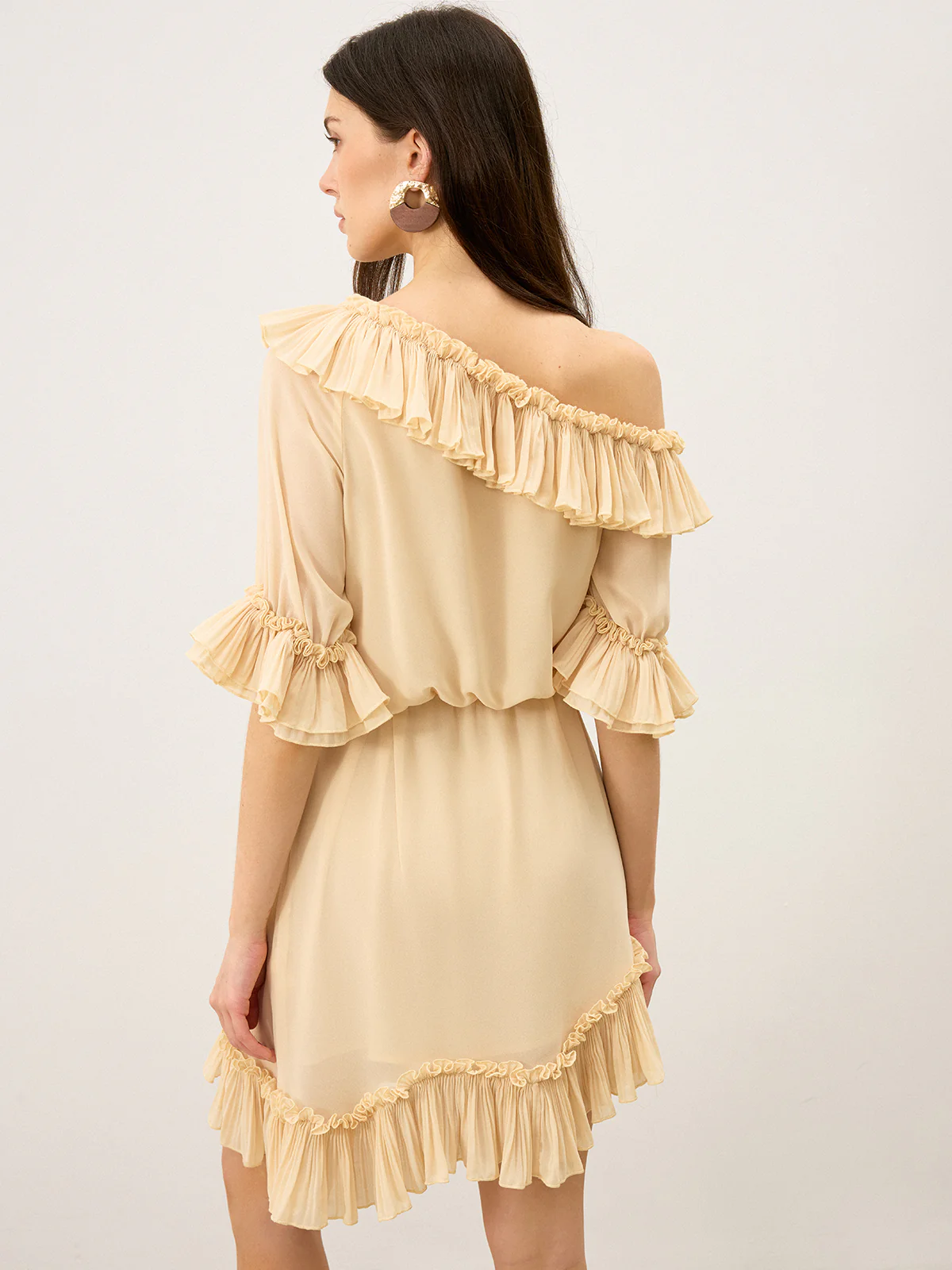 Semi-Sheer Chiffon One-Shoulder Ruffled Mini Dress - Image 6