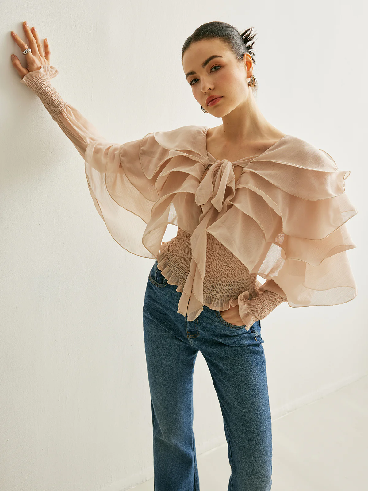 Semi-Sheer Chiffon Ruffle Backless Top - Image 6