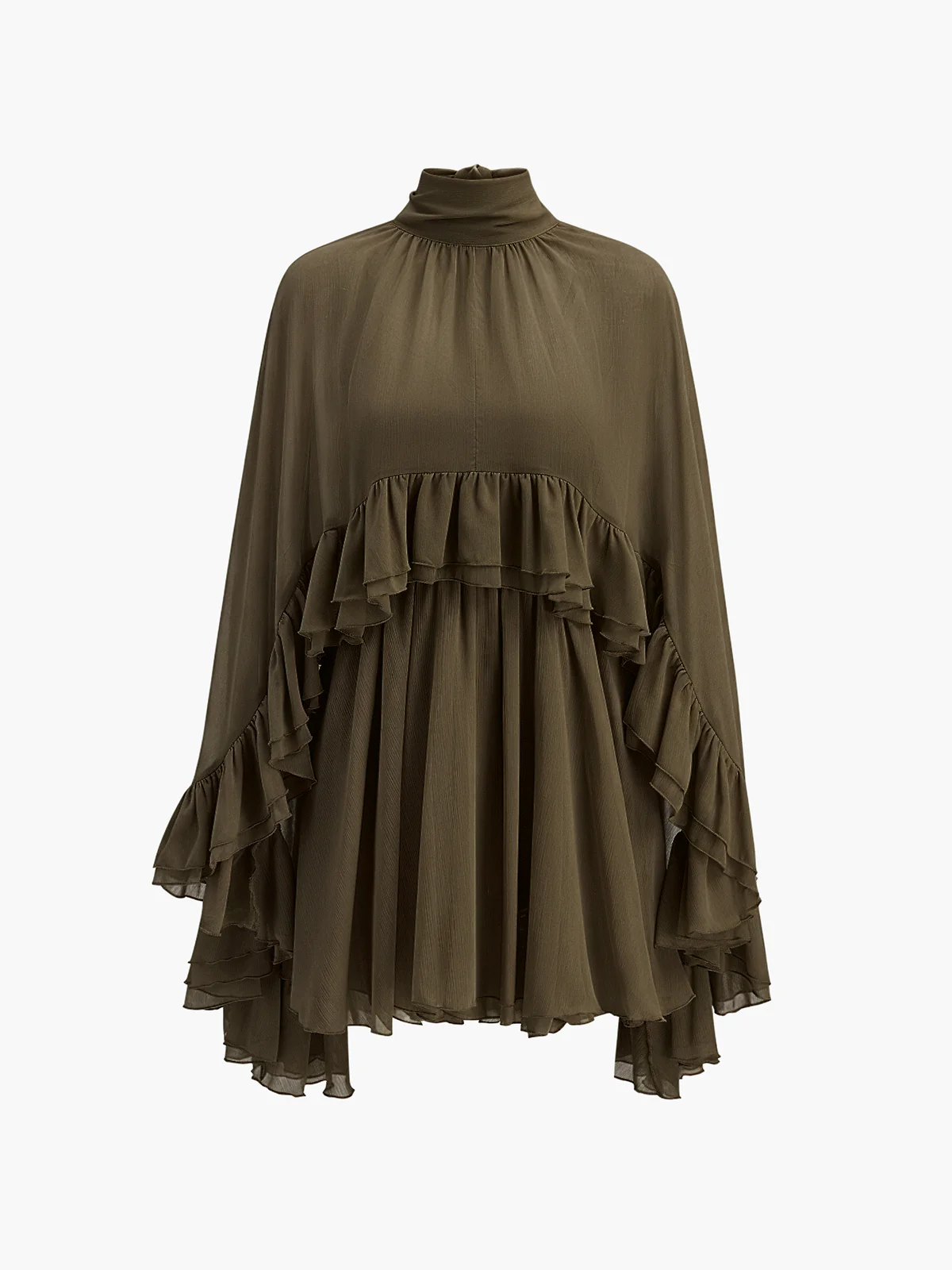Semi-Sheer Chiffon Ruffle Dress With Outer Cape - Image 12