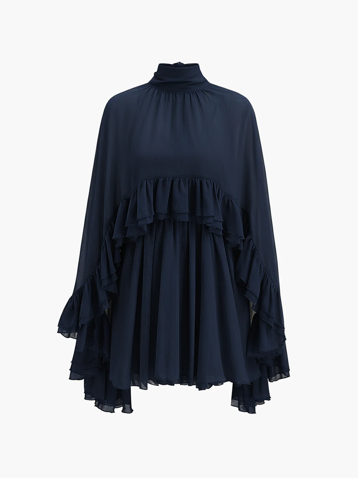 Semi-Sheer Chiffon Ruffle Dress With Outer Cape - Image 13