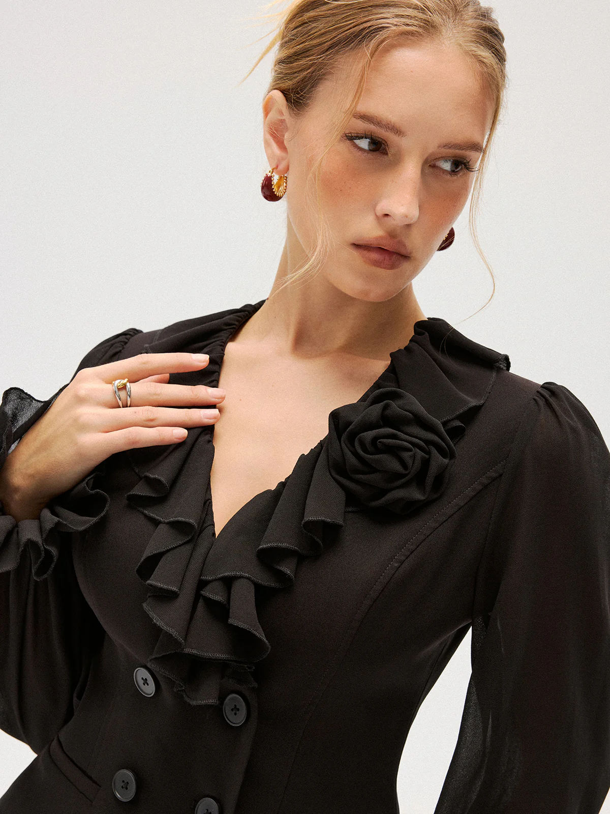 Chiffon Ruffle Rose Double-Breasted Blouse - Image 3