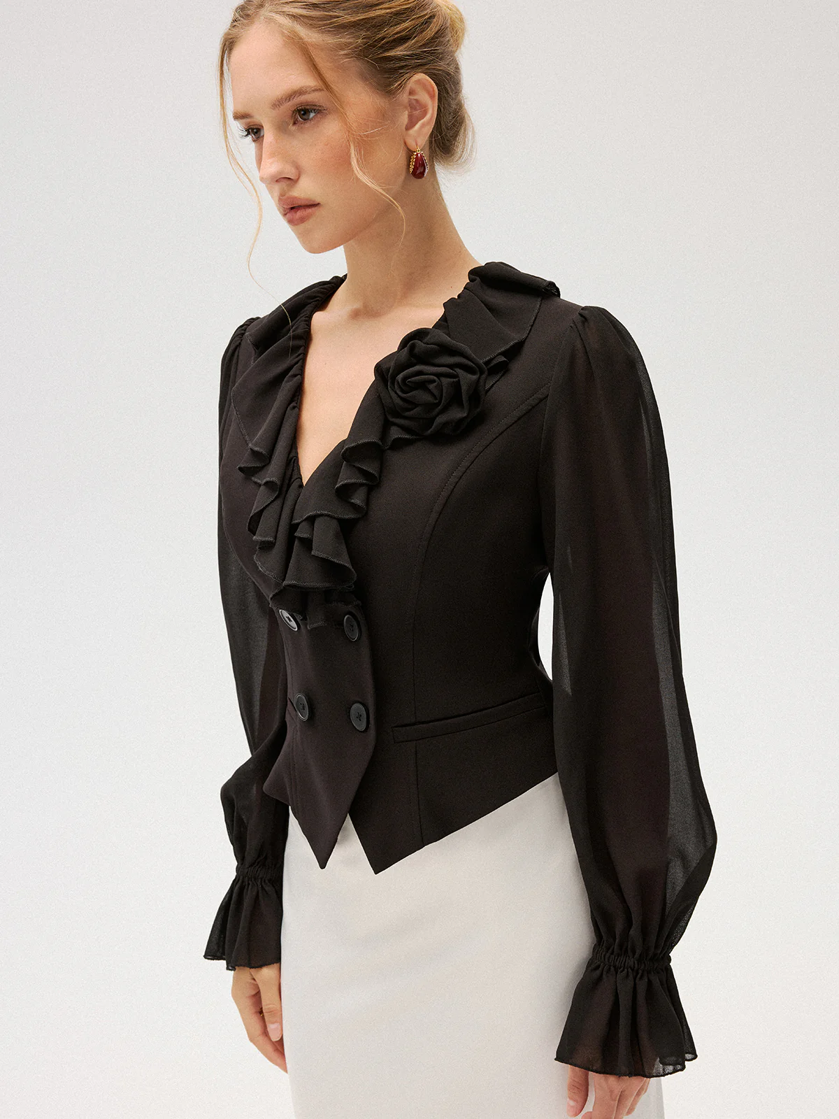 Chiffon Ruffle Rose Double-Breasted Blouse - Image 4