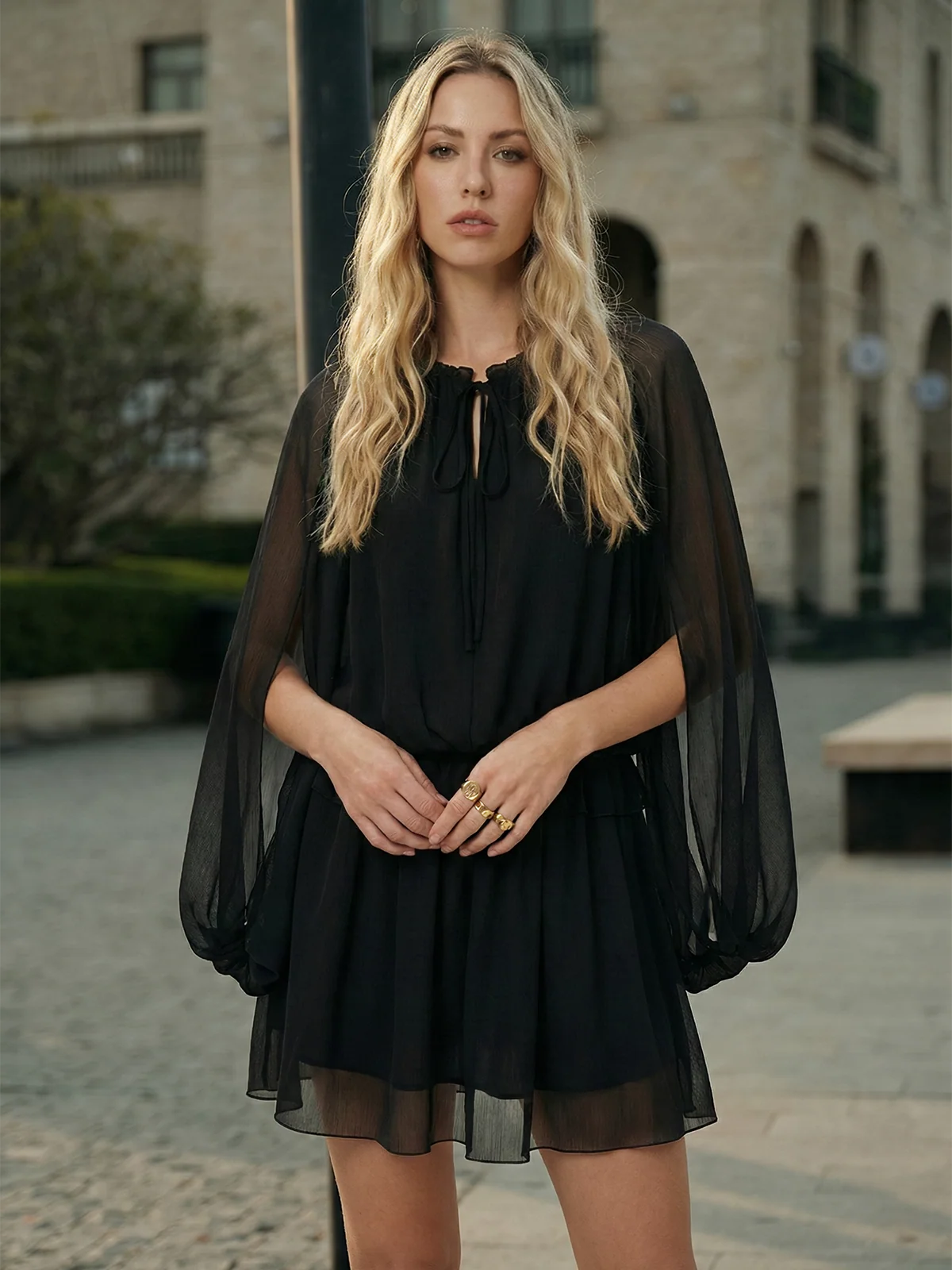 Chiffon Ruffle Tie Neck Long Sleeve Mini Dress - Image 2