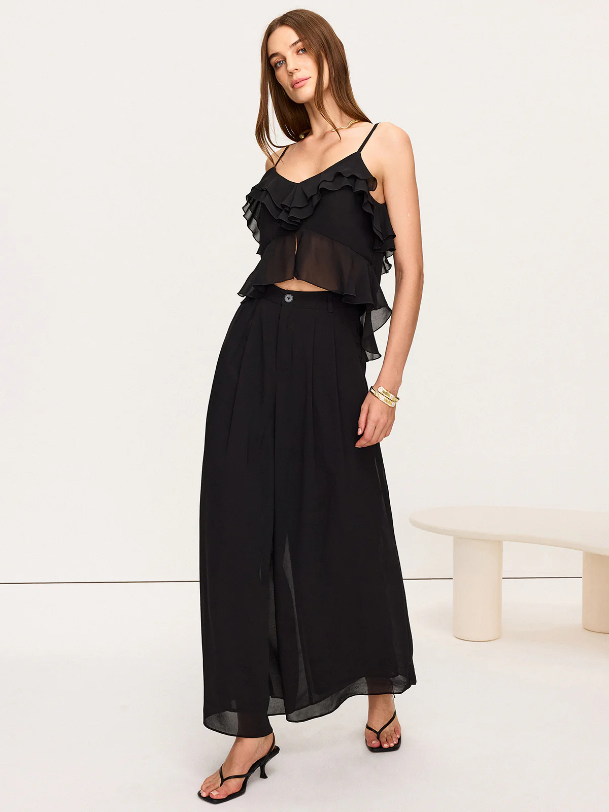 Chiffon Ruffle Top and Wide-Leg Pants Set - Image 2