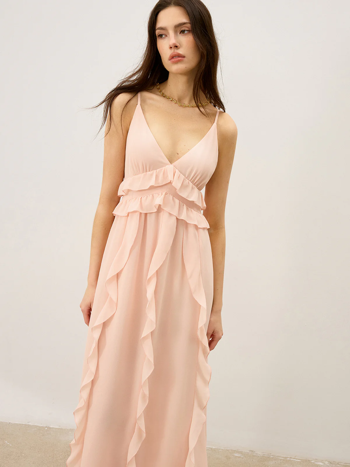 Semi-Sheer Chiffon Ruffle Trim Maxi Dress - Image 3