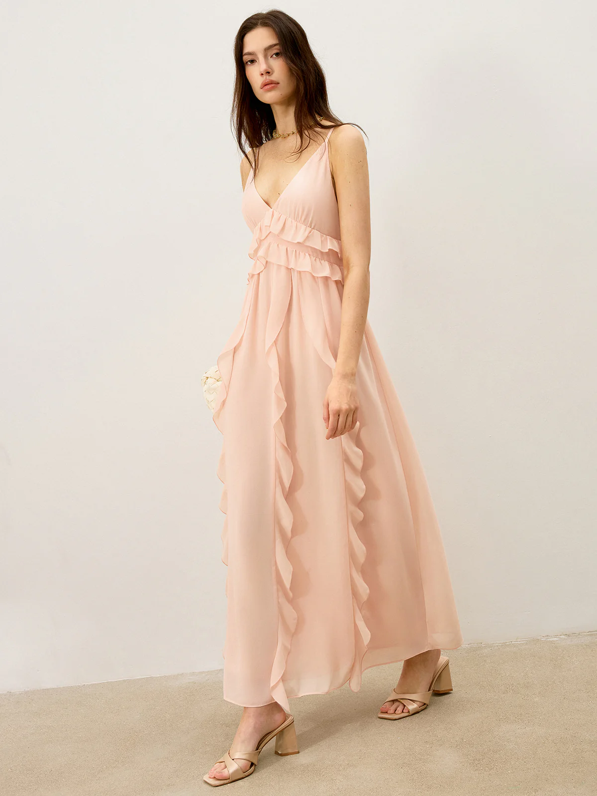 Semi-Sheer Chiffon Ruffle Trim Maxi Dress - Image 4
