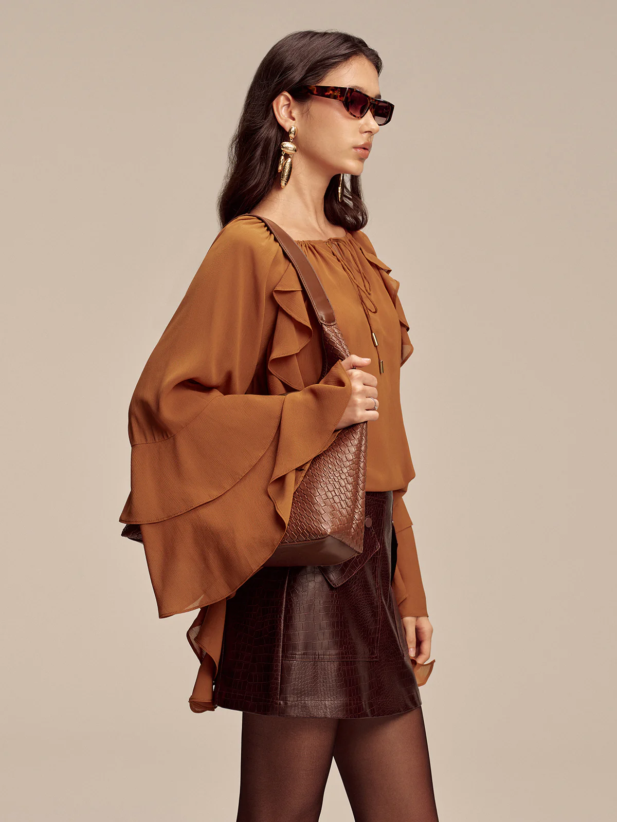 Chiffon Ruffled Tiered Sleeve Tie-Neck Blouse - Image 4