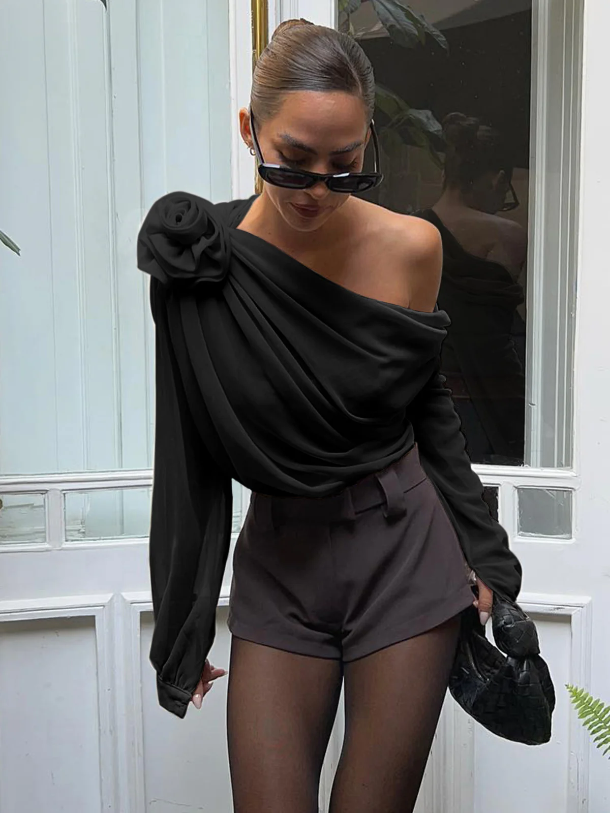 Chiffon Semi-Sheer One Shoulder Asymmetrical Blouse - Image 7