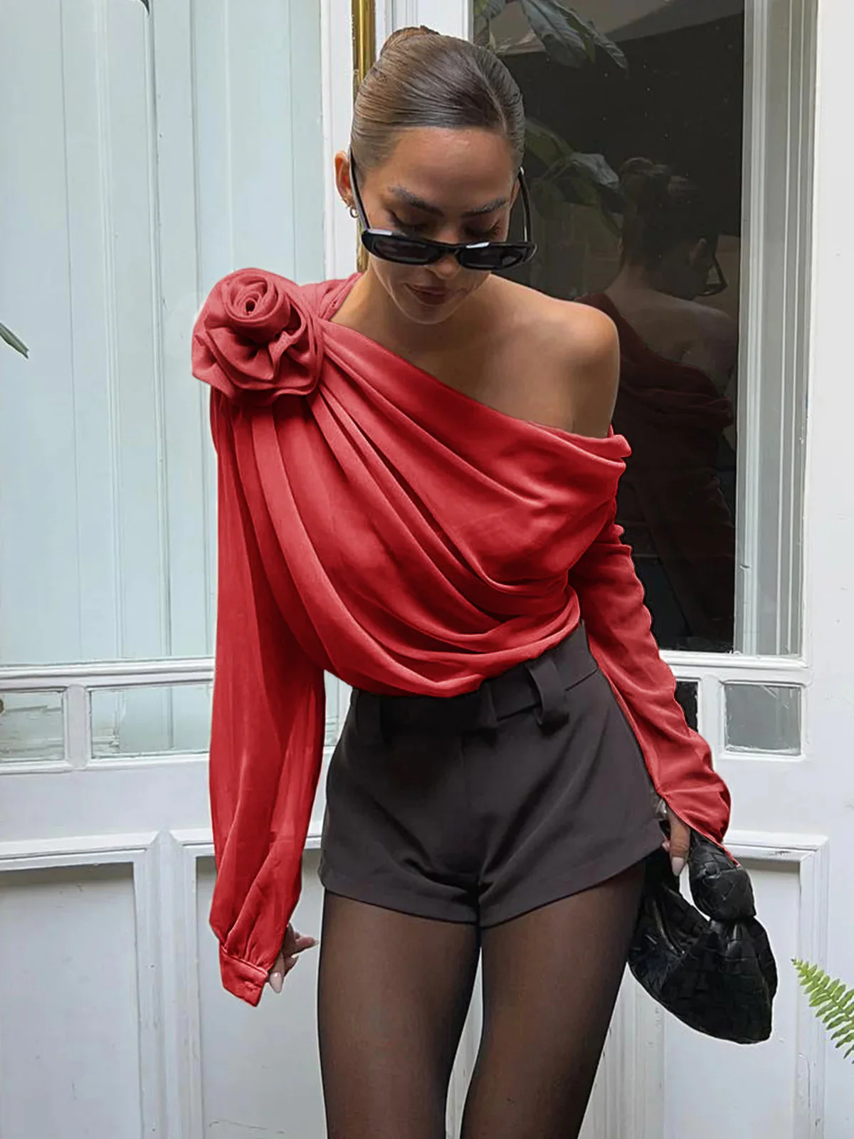 Chiffon Semi-Sheer One Shoulder Asymmetrical Blouse - Image 9