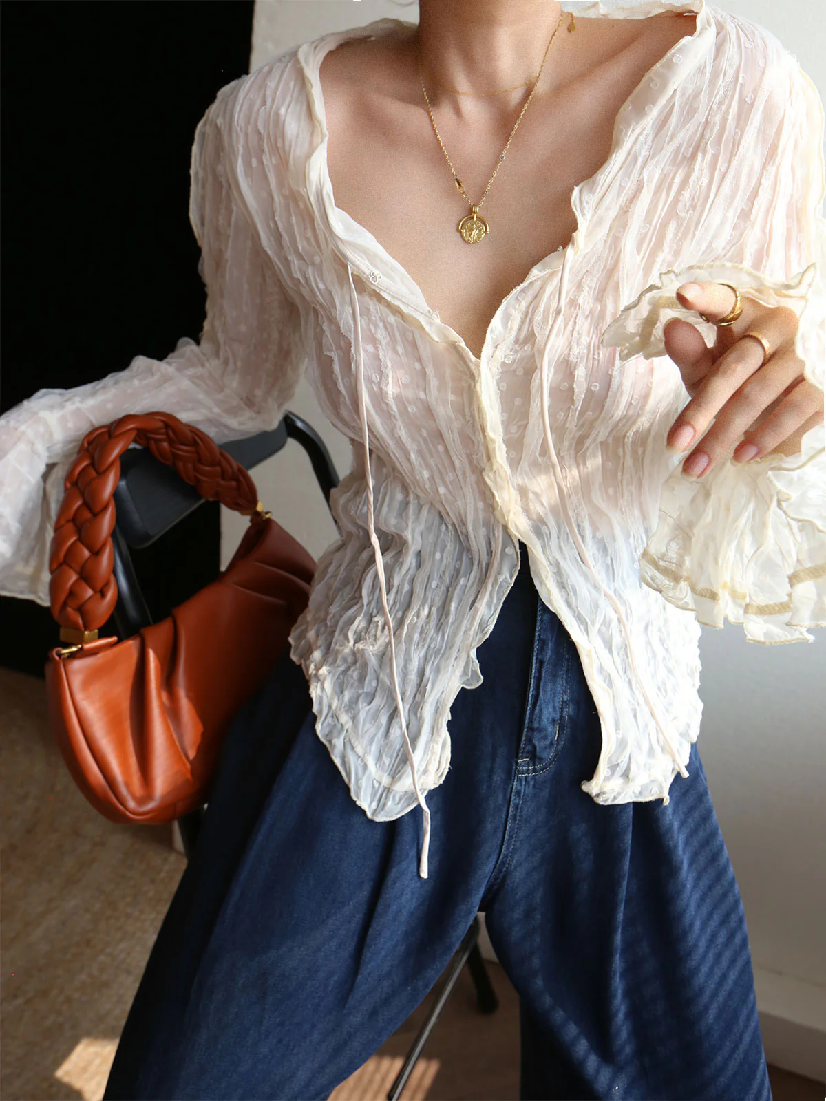 Chiffon Sheer Lettuce Trim Long Sleeve Blouse - Image 2