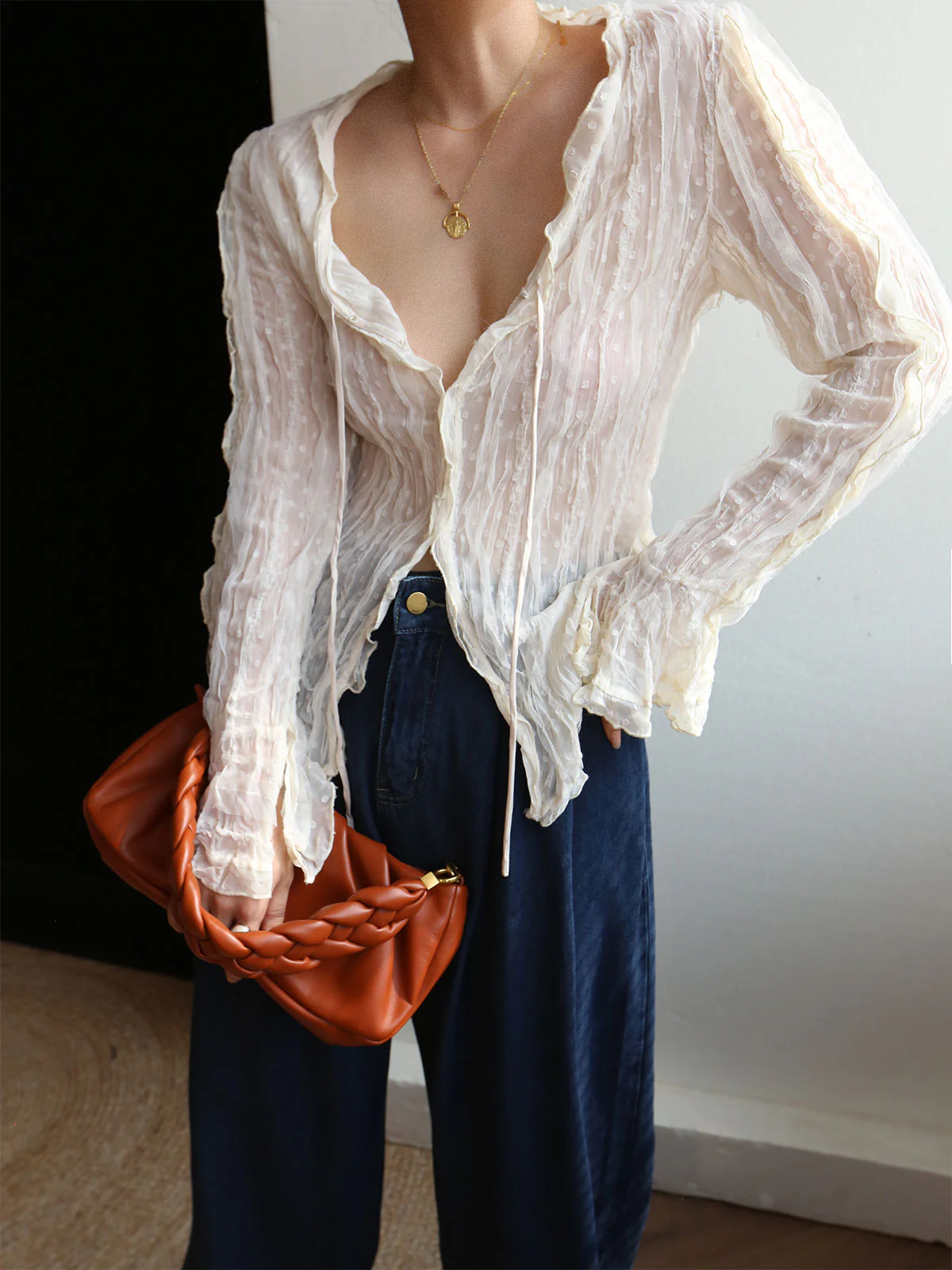 Chiffon Sheer Lettuce Trim Long Sleeve Blouse - Image 3
