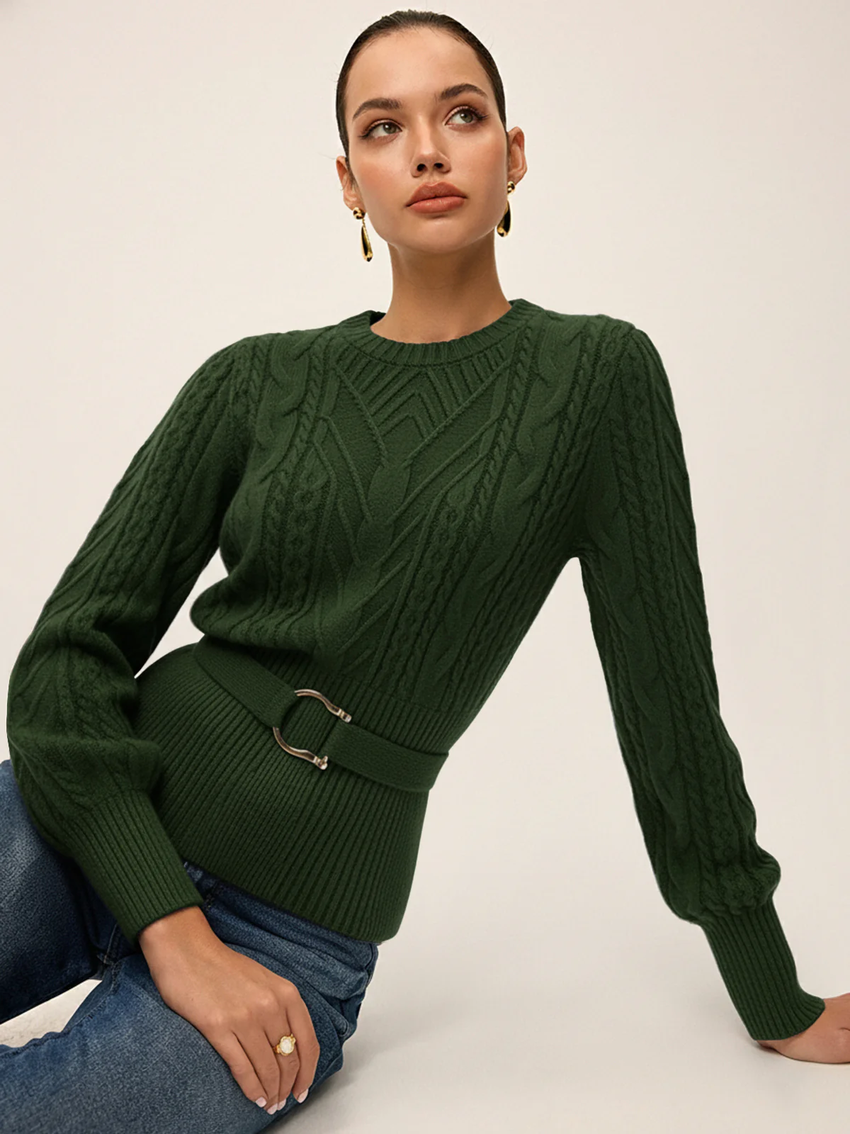 Cinched Waist Belted Cable Knit Top - Image 10