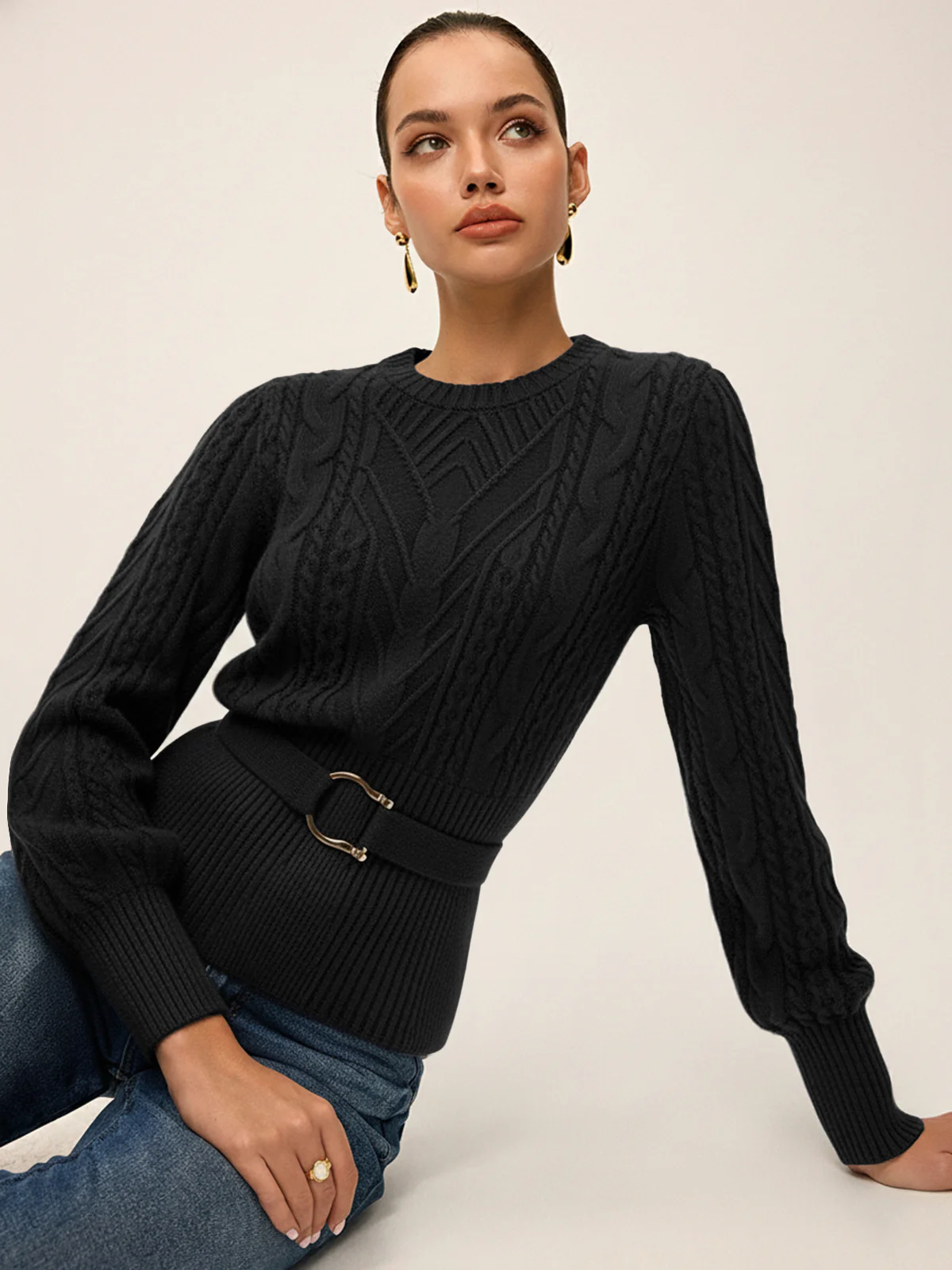 Cinched Waist Belted Cable Knit Top - Image 7