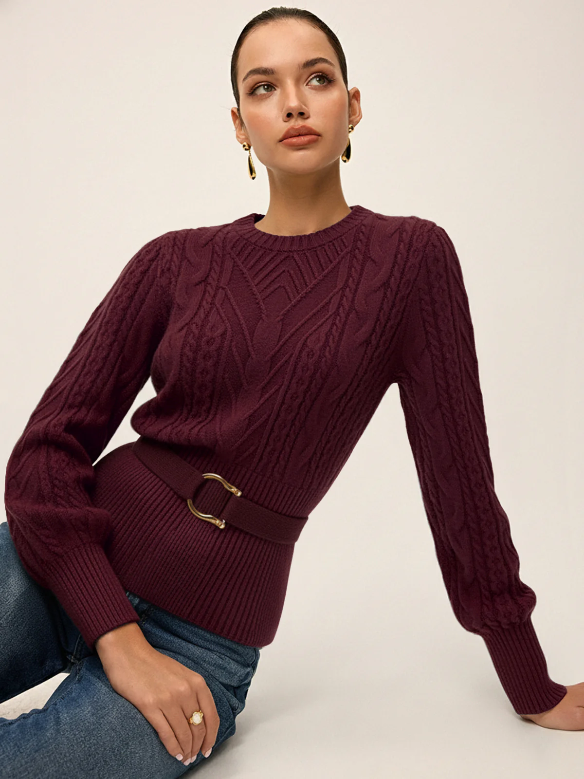 Cinched Waist Belted Cable Knit Top - Image 9