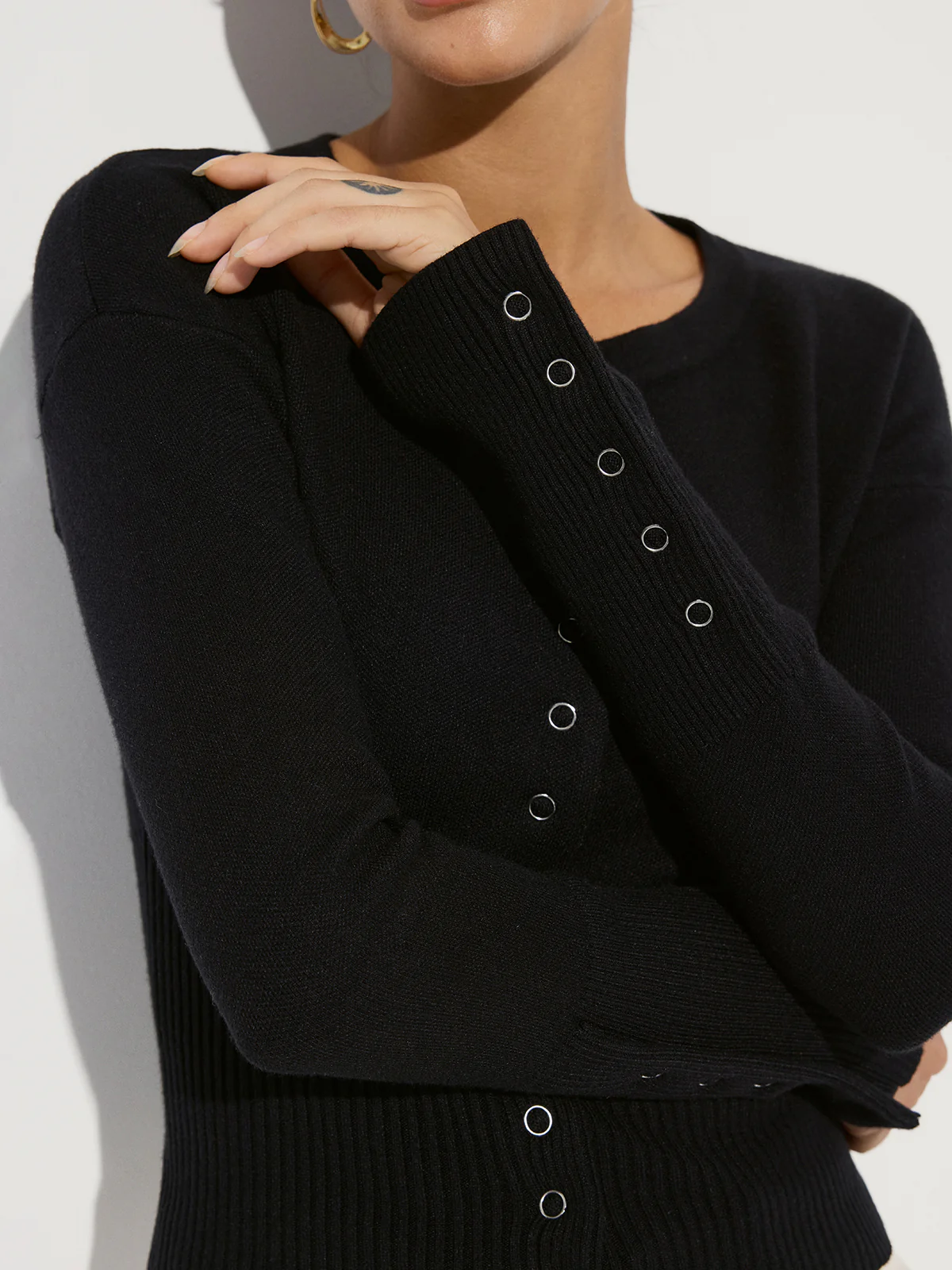 Cinched Waist Crew Neck Knit Cardigan - Image 2