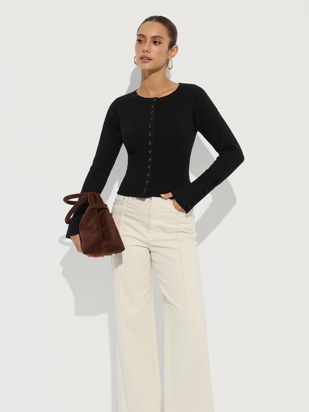 Cinched Waist Crew Neck Knit Cardigan - Image 3