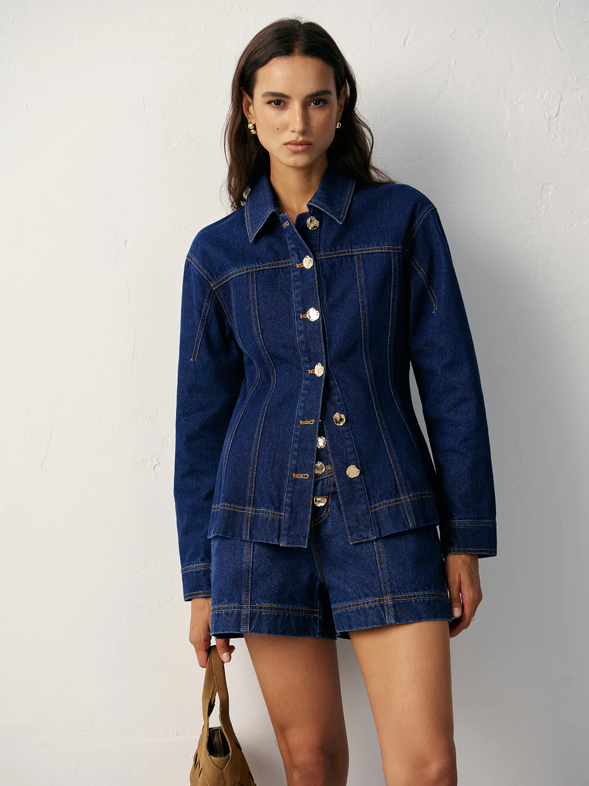 Cinched Waist Metal Button Denim Jacket - Image 3