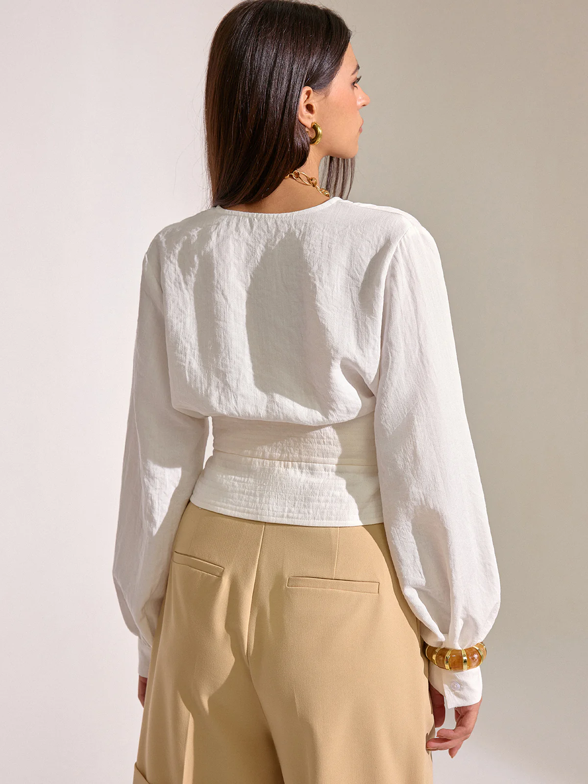 Cinched Waist Tassel Tie Wrap Blouse - Image 6