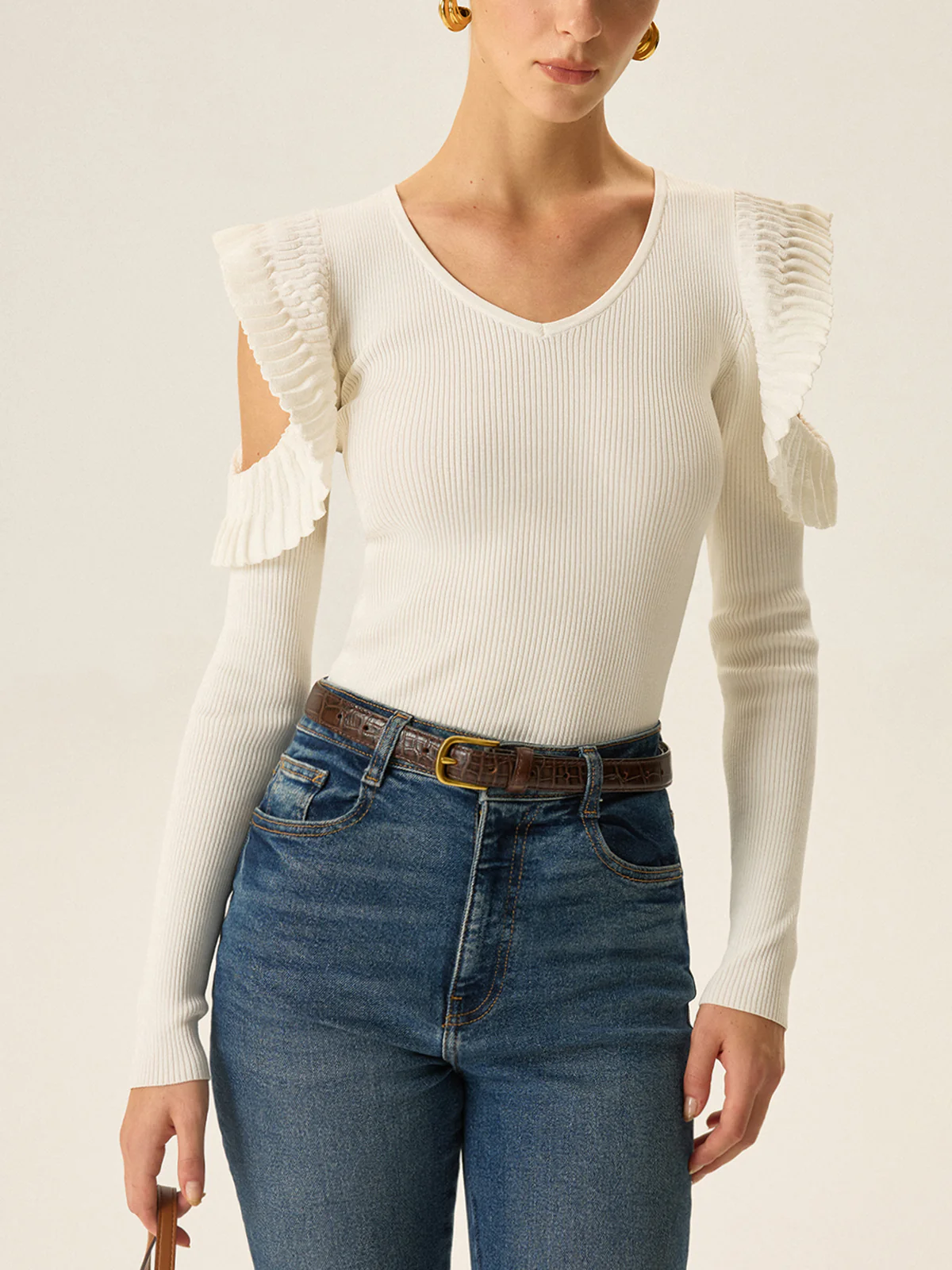 Cold Shoulder Ruffle V-Neck Knit Top - Image 3