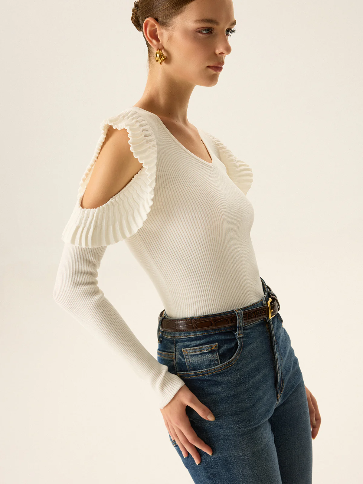 Cold Shoulder Ruffle V-Neck Knit Top - Image 5