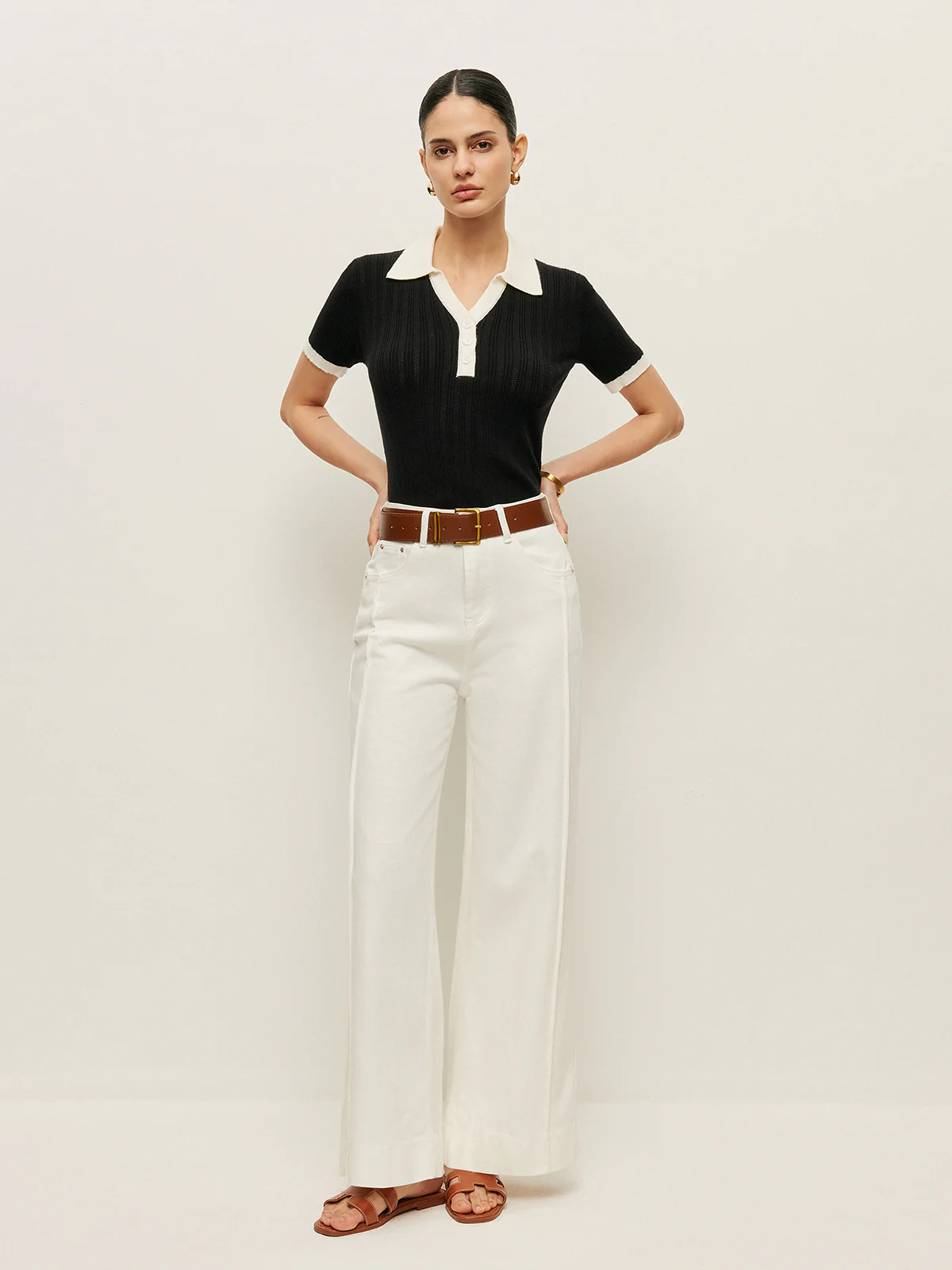 Collared Button Detail Ribbed Knit Top - Image 6