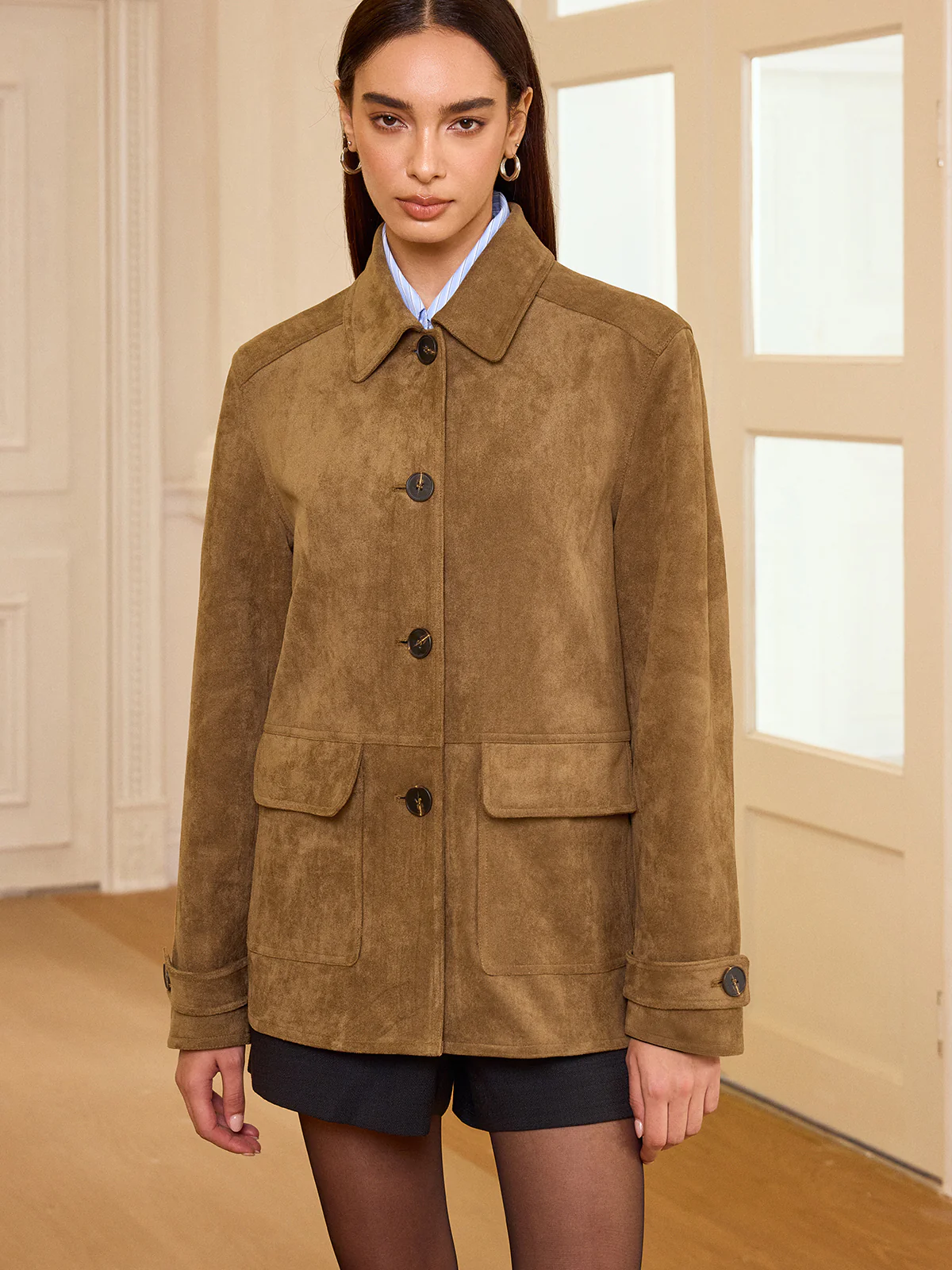 Collared Button-Front Suede Effect Blazer - Image 6