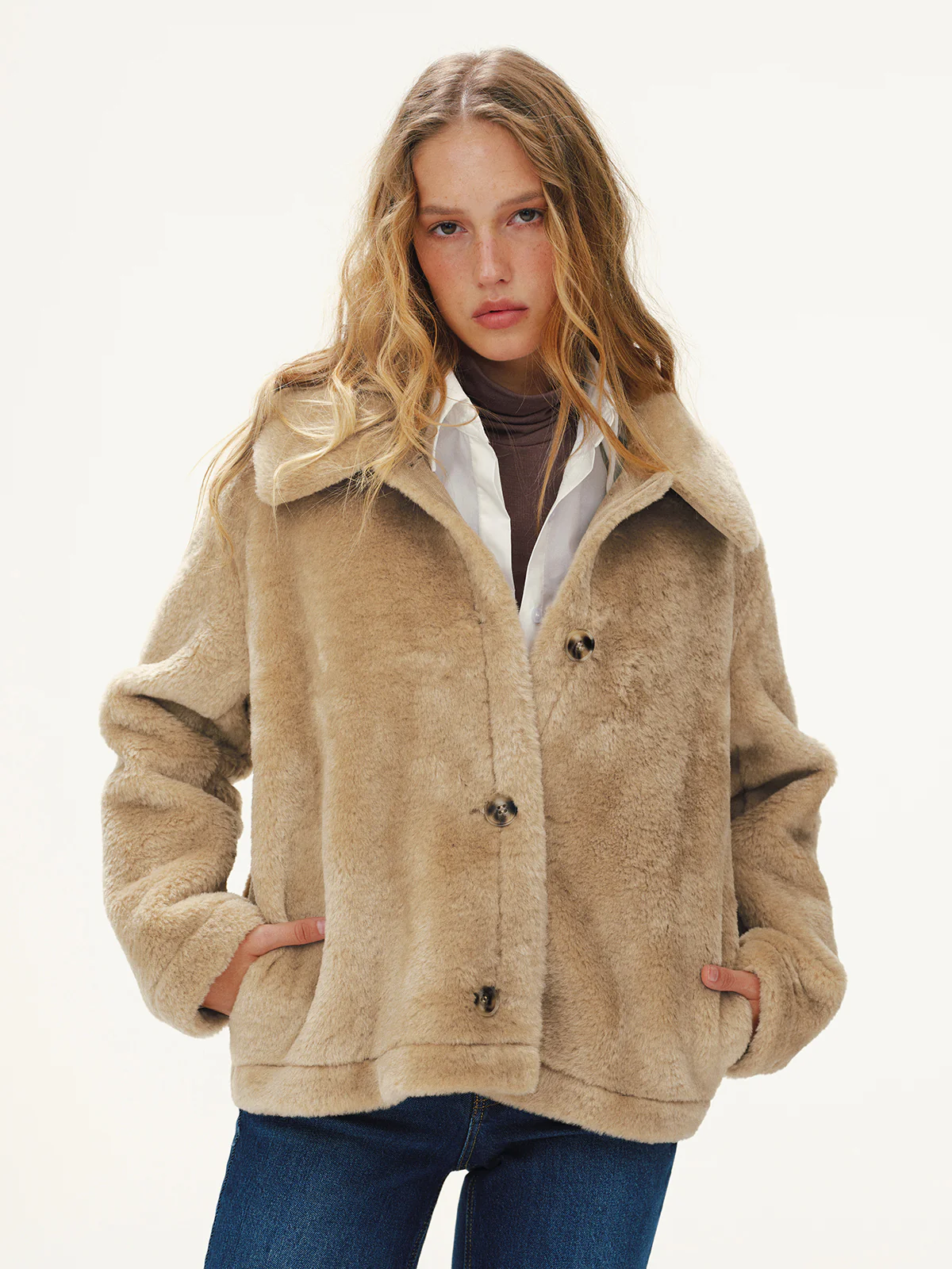 Collared Buttoned Faux Fur Coat - Image 5