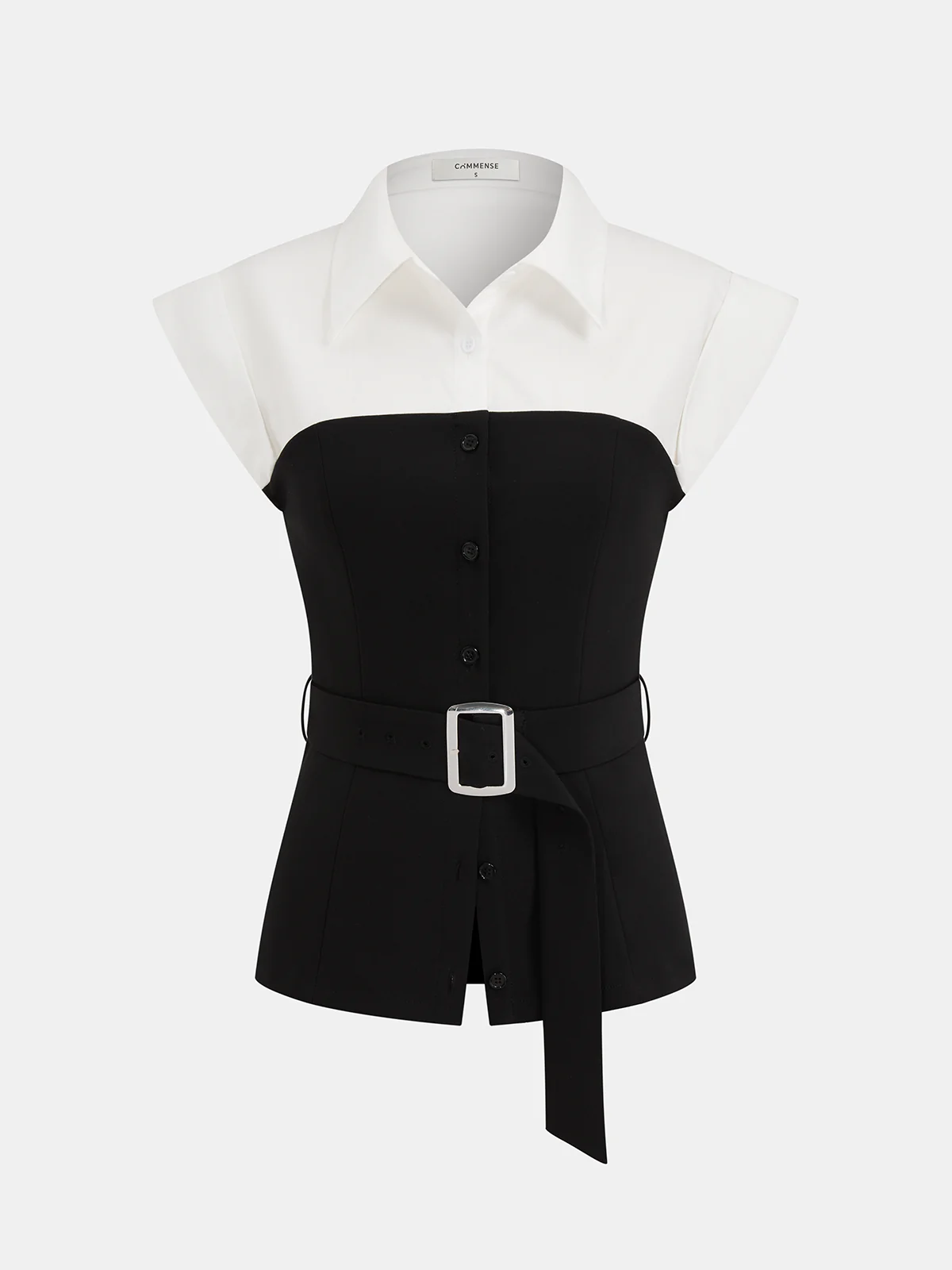 Collared Color Block Sleeveless Belted Blouse