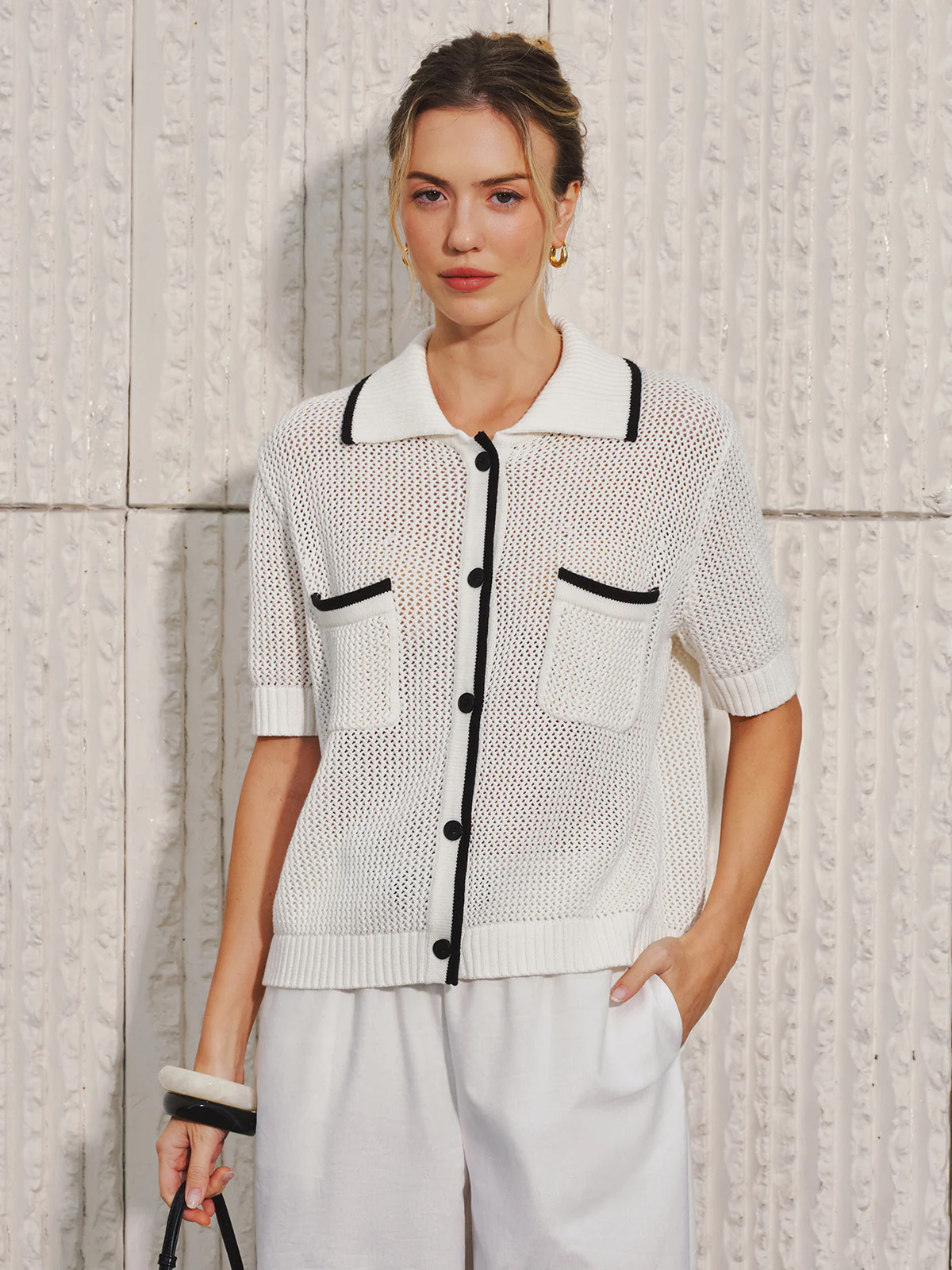 Collared Contrast Trim Open Knit Cardigan - Image 2