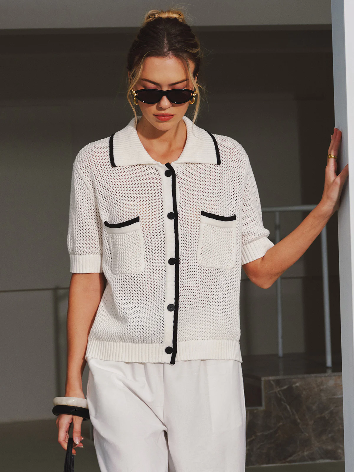 Collared Contrast Trim Open Knit Cardigan - Image 6