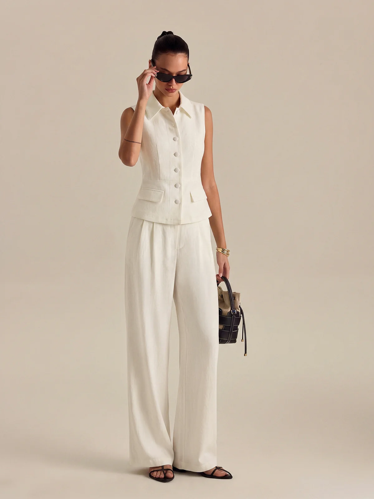 Collared Cotton Linen Vest & Pants Set