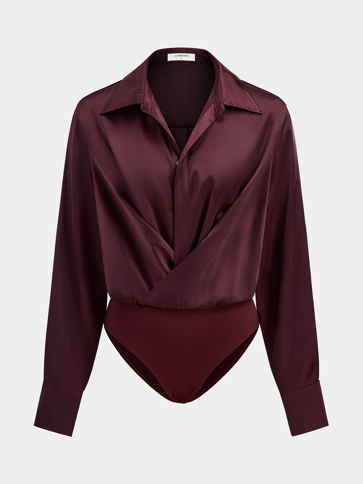 Collared Draped Satin Long Sleeve Bodysuit