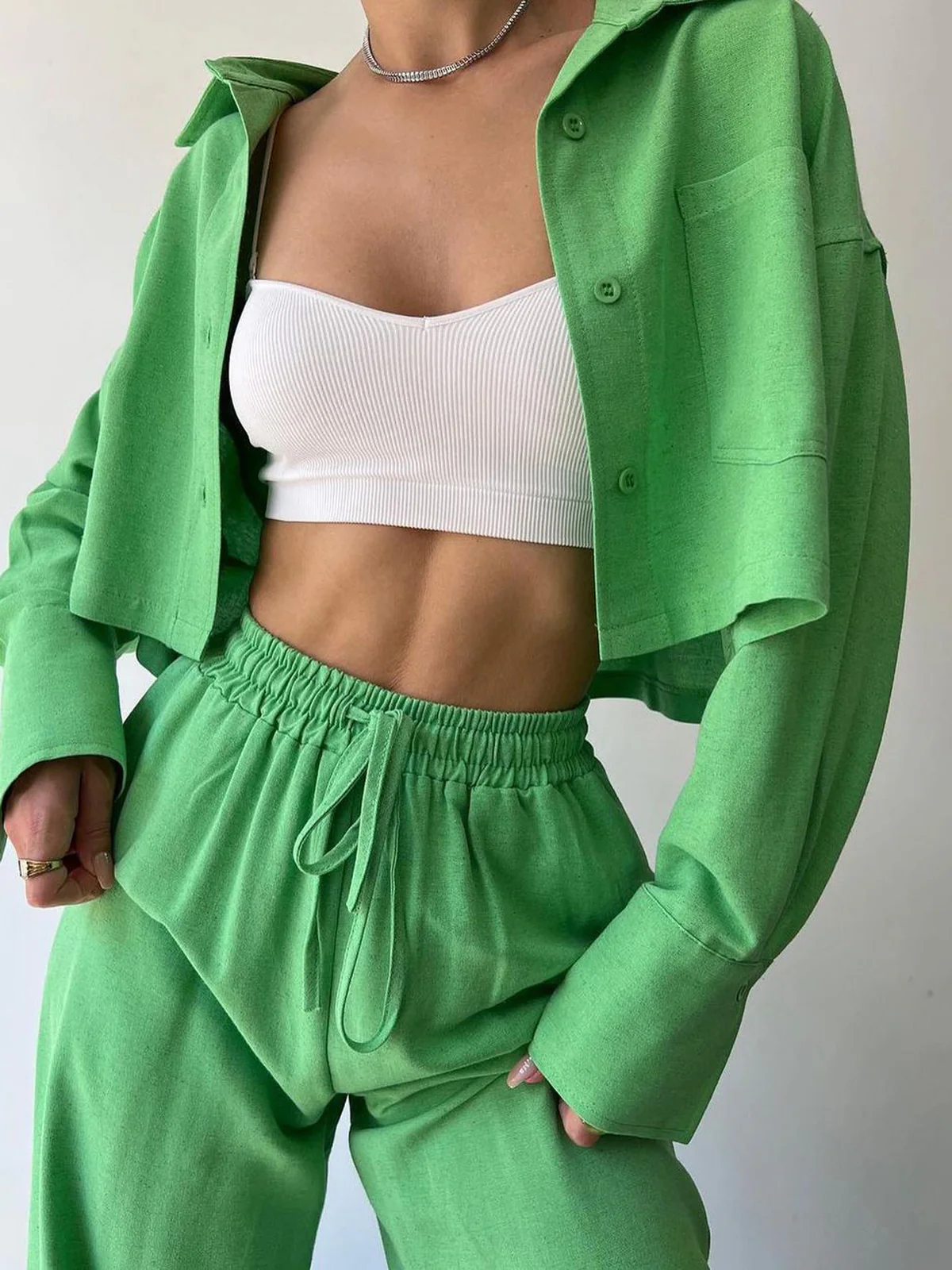 Collared Drawstring Two Piece Pants Set - Image 5