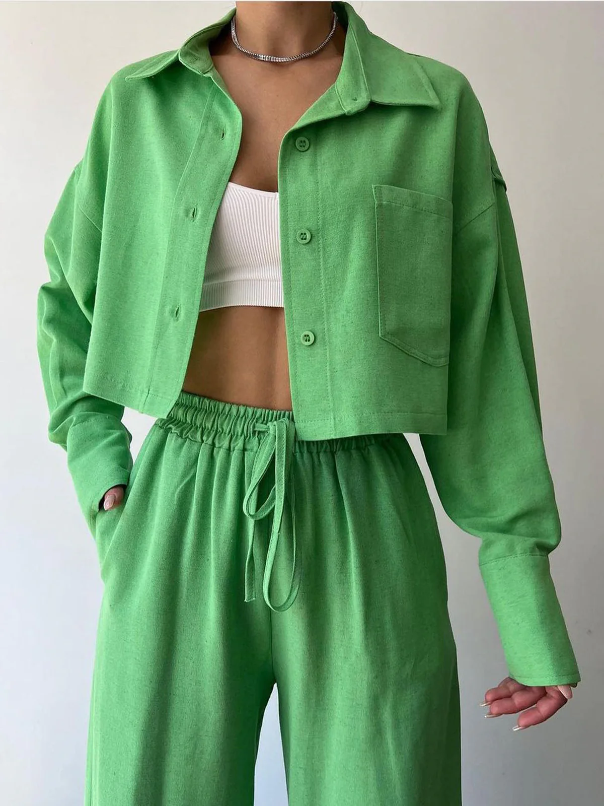 Collared Drawstring Two Piece Pants Set - Image 6