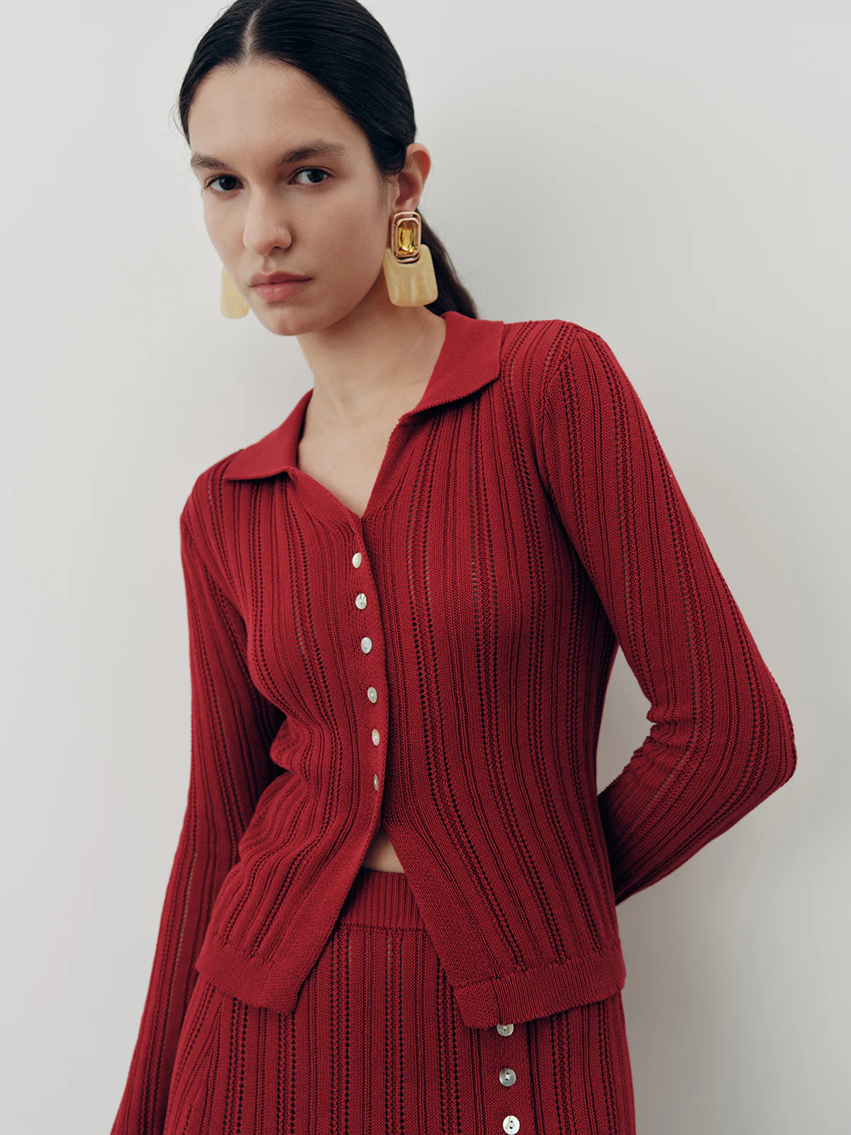 Collared Knit Top and Slit Skirt Set - Image 2