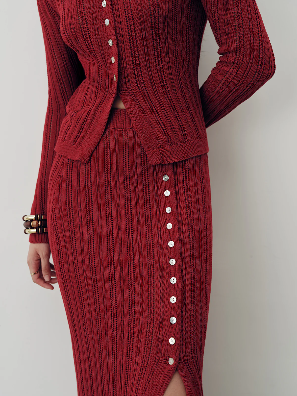 Collared Knit Top and Slit Skirt Set - Image 3