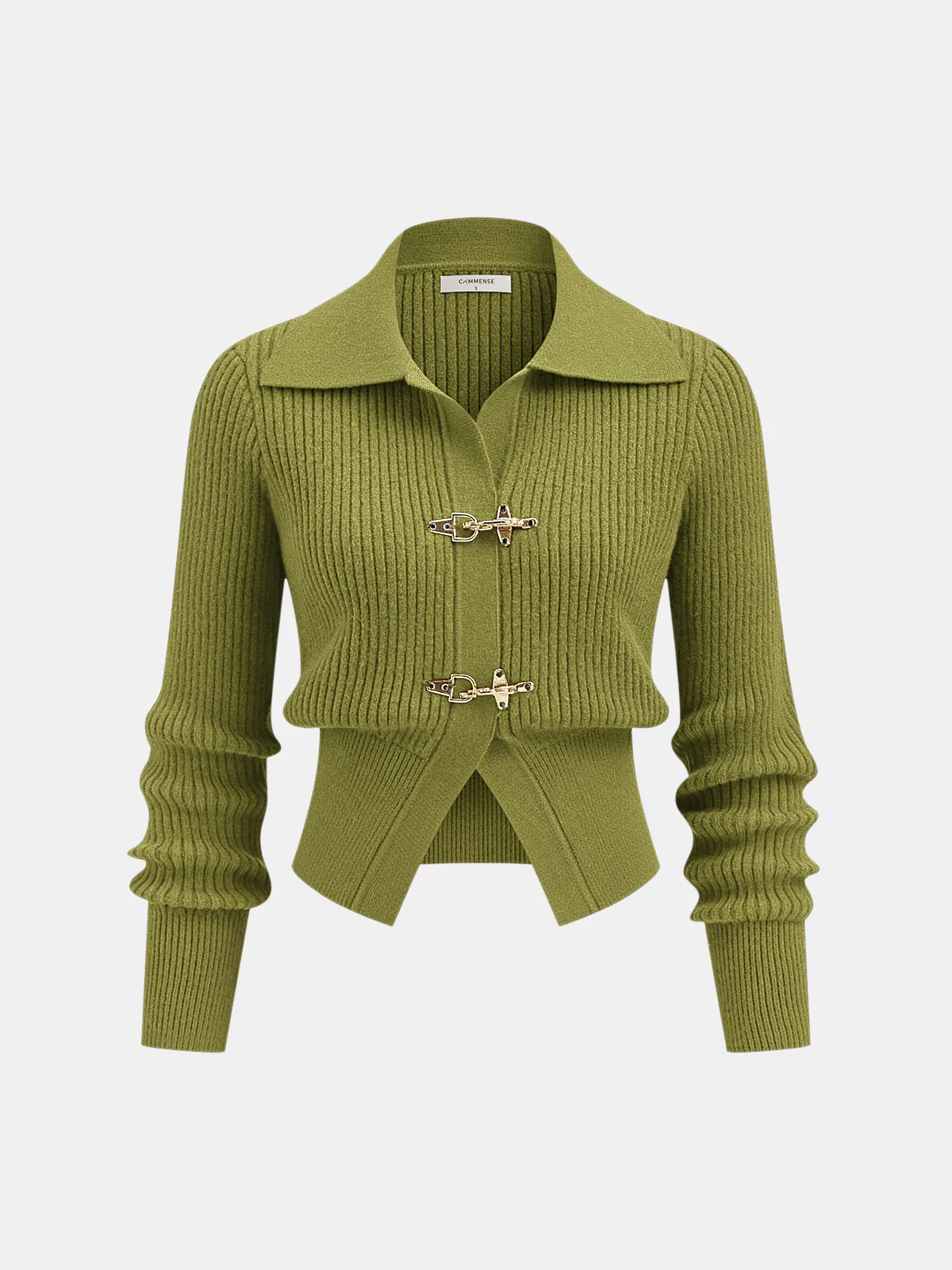Collared Metal Buckle Ribbed Cropped Sweater - Image 5