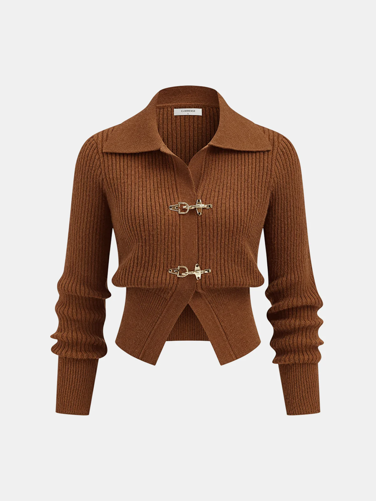 Collared Metal Buckle Ribbed Cropped Sweater - Image 6