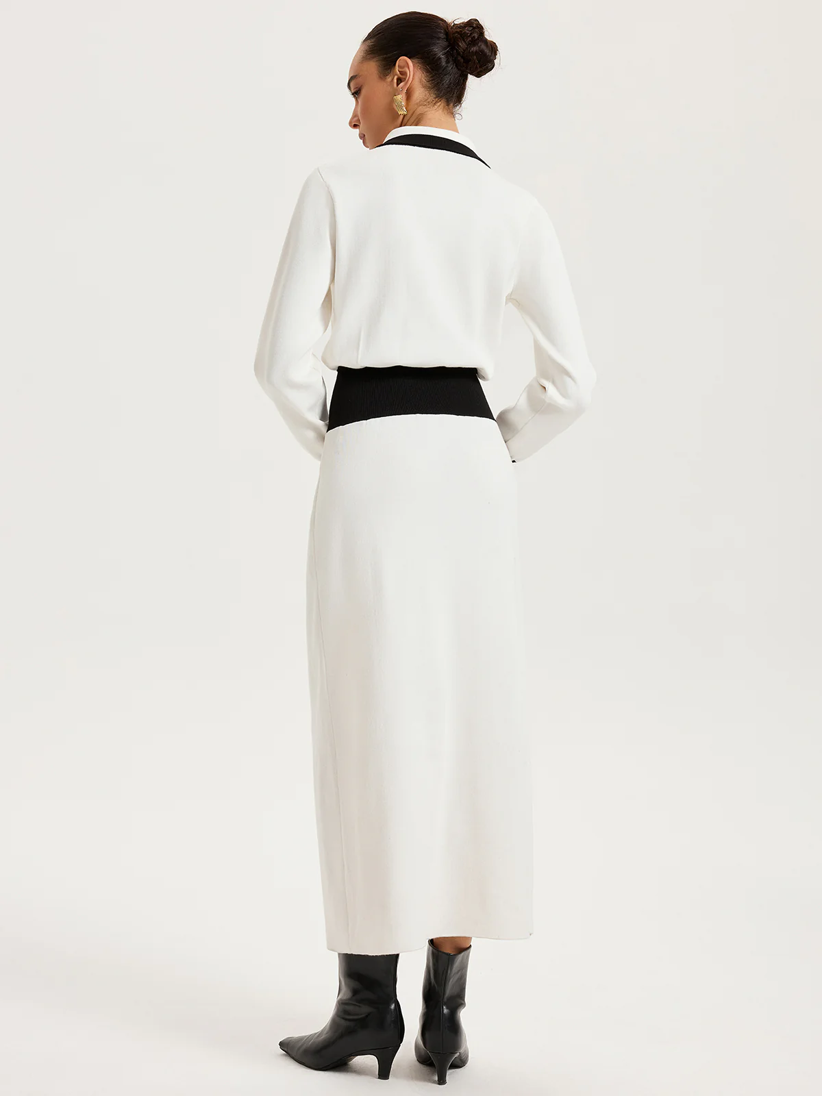 Collared Metal Button Contrast Trim Knit Maxi Dress - Image 6