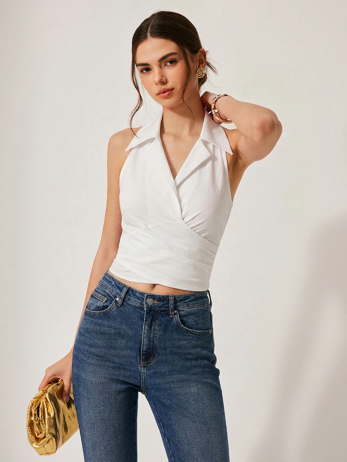 Collared Sleeveless Knotted Cropped Blouse
