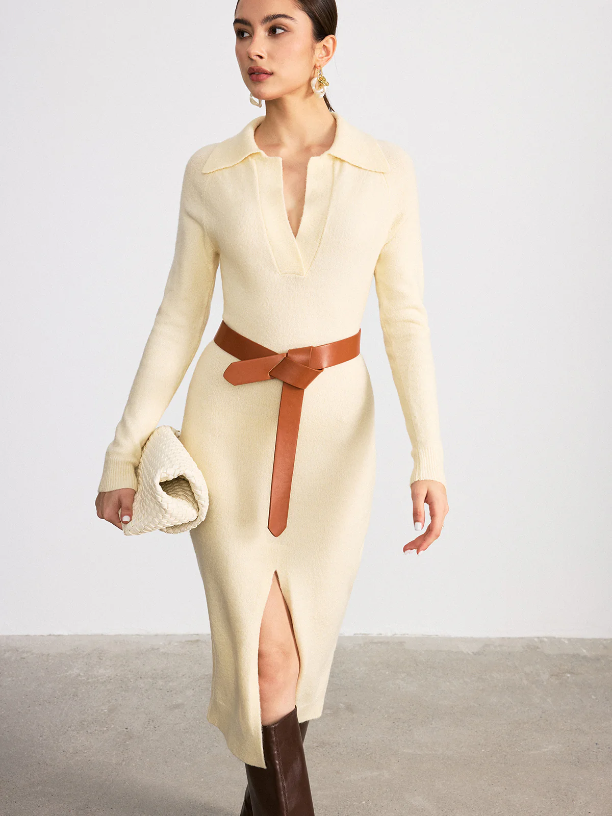 Collared Split-Hem Belted Knit Midi Dress - Image 2